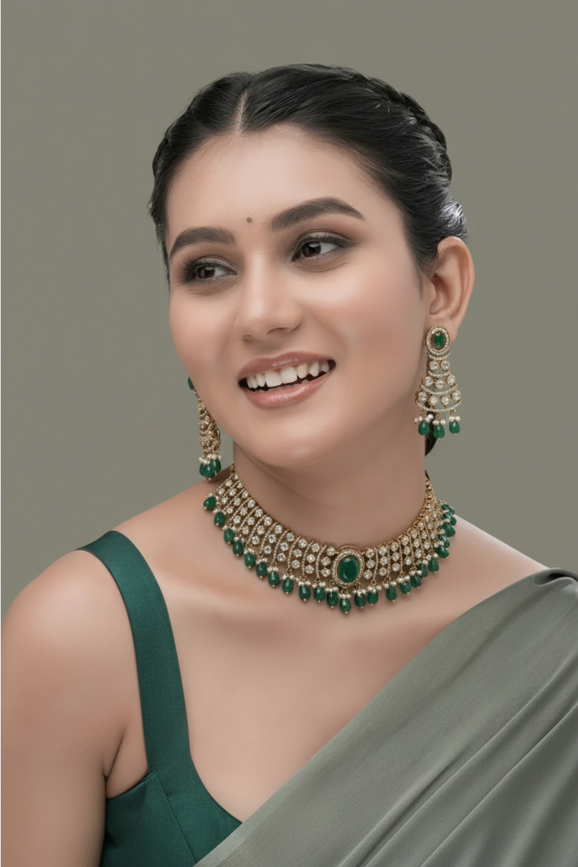 Rose Dewdrop  Mona Lisa Stone Moissanite  Choker Set with Maang Tikka