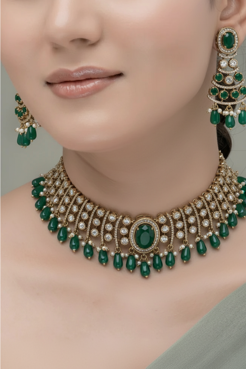 Rose Dewdrop  Mona Lisa Stone Moissanite  Choker Set with Maang Tikka