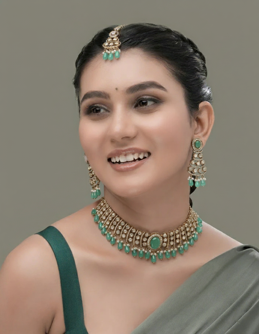 Rose Dewdrop  Mona Lisa Stone Moissanite  Choker Set with Maang Tikka