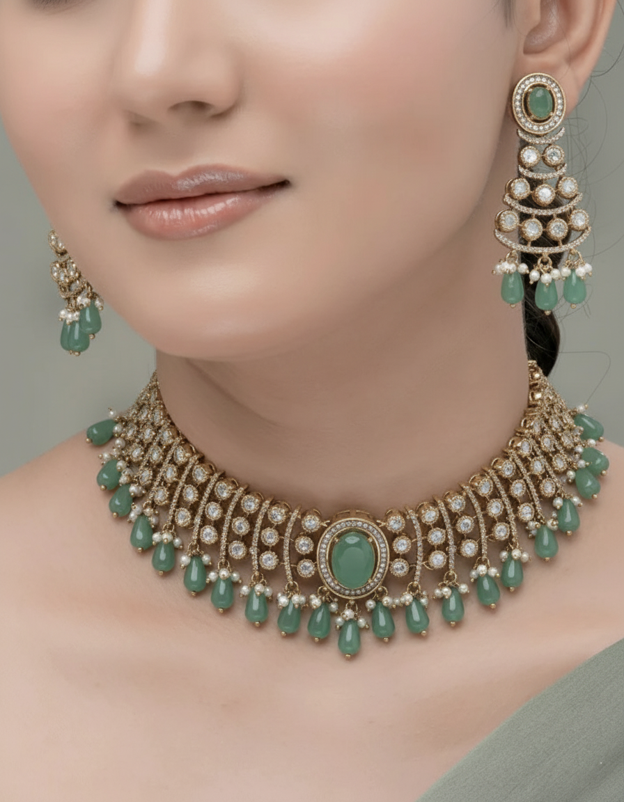 Rose Dewdrop  Mona Lisa Stone Moissanite  Choker Set with Maang Tikka