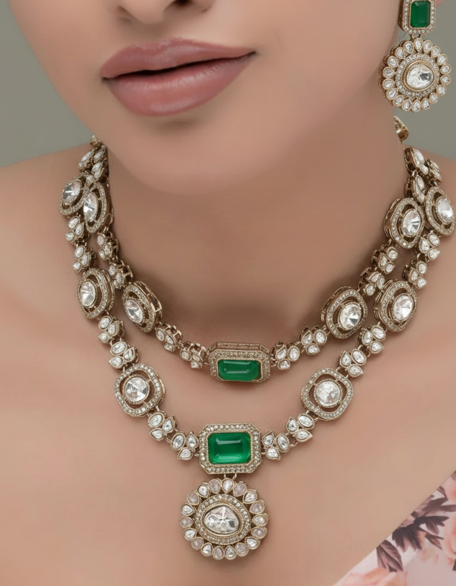 Regal Crest – Green, Moissanite and  CZ Long Necklace