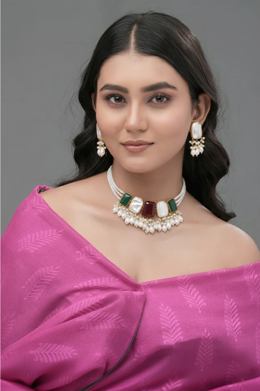 Rose Quartz & Aqua Aventurine Pearl Cascade Handmade Choker Set