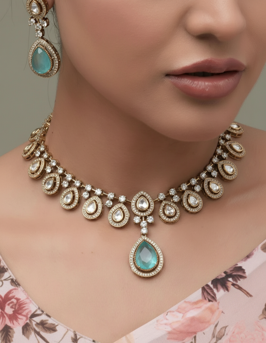 Iridescent Pearl & CZ Kundan Choker & Earring Set