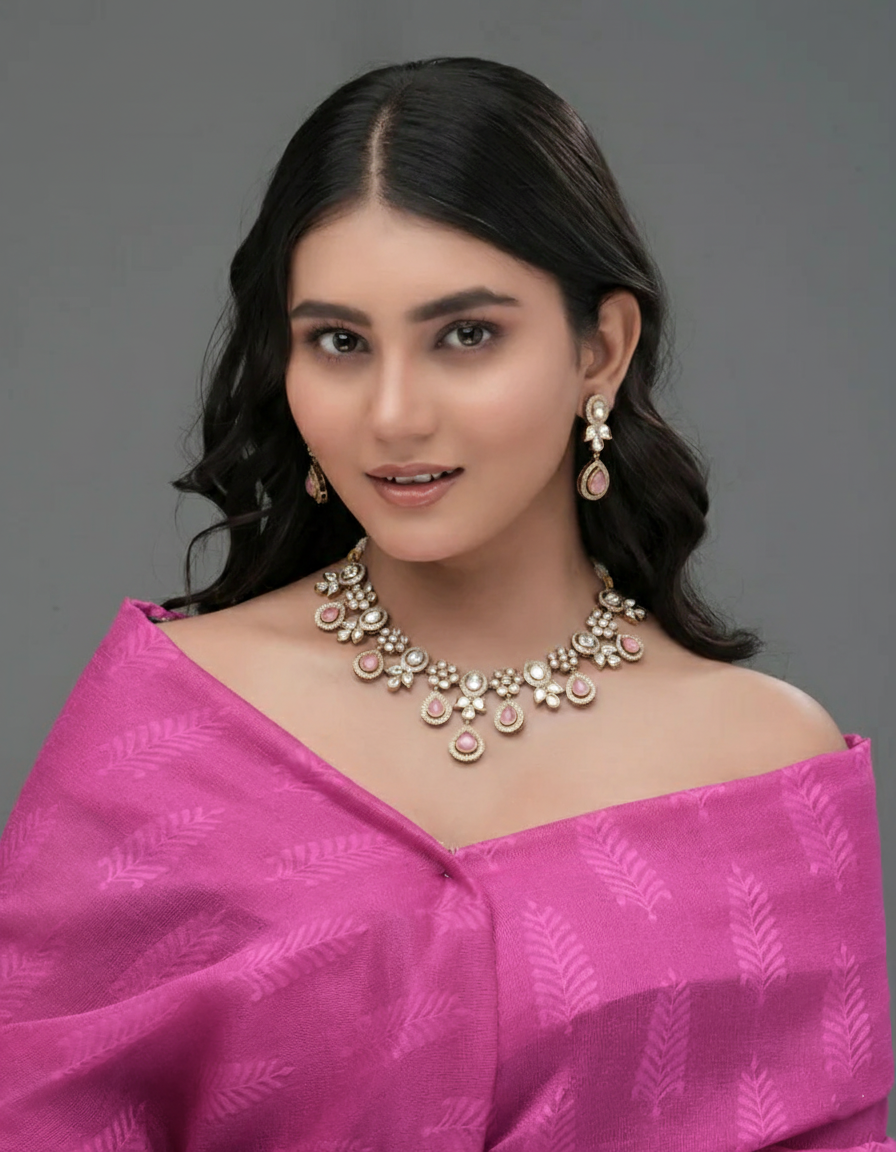 Blush Bloom Pearl & CZ Kundan necklace & Earrings set