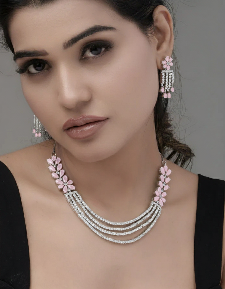 Ruby Regal Quad CZ Blossom Choker Necklace  & Earring Set