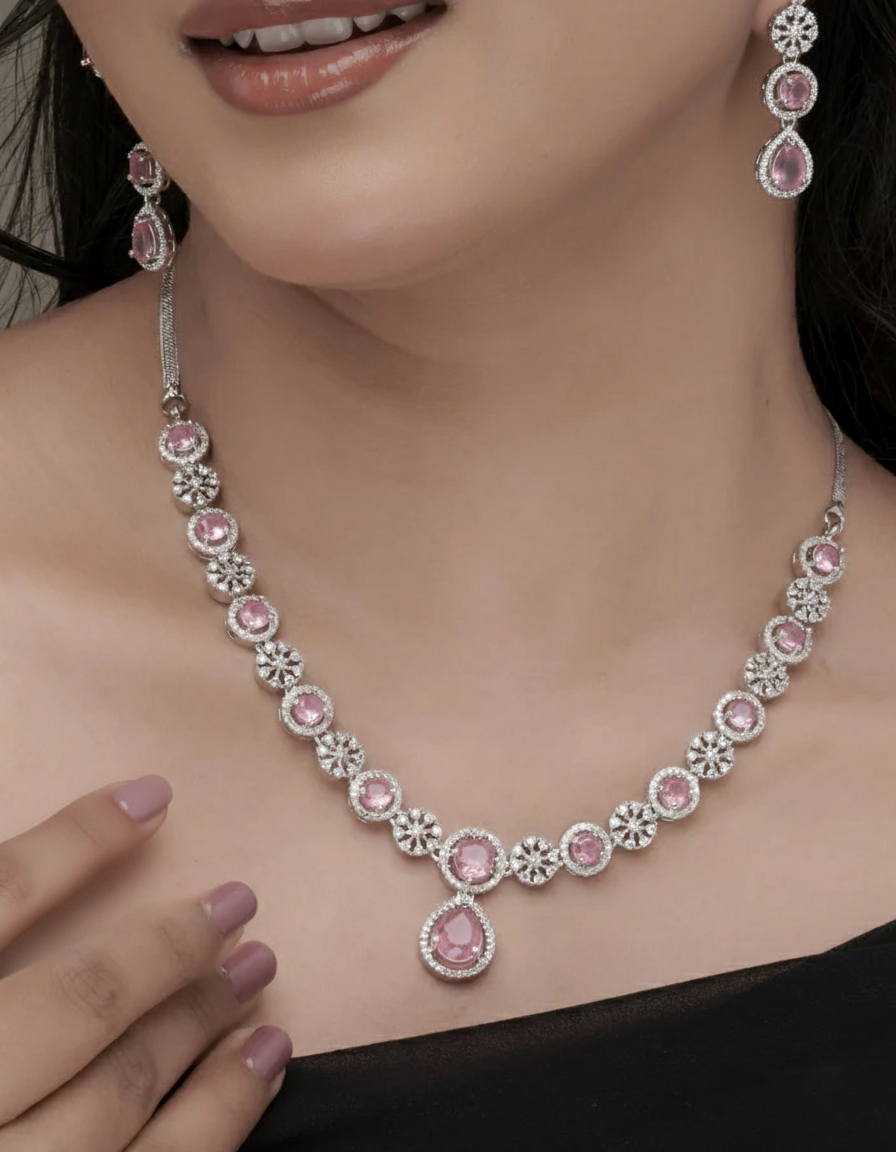 Ruby Floral Halo Necklace & Earring Set