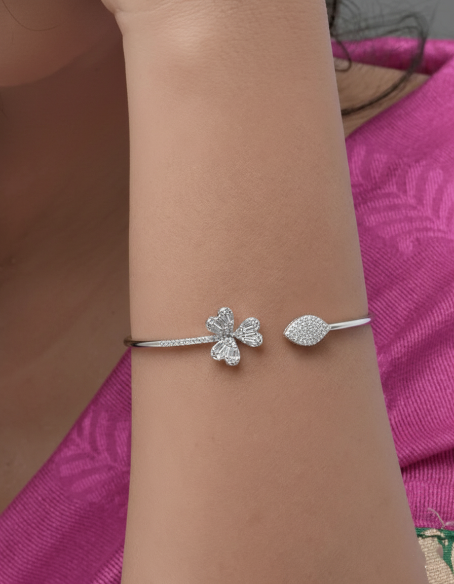 Emerald Clover Charm Open Bangle Bracelet