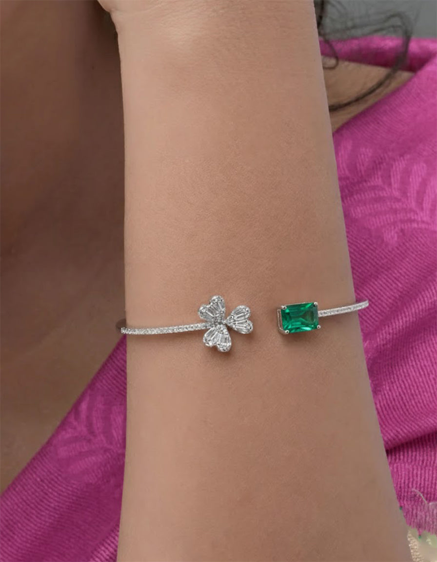 Emerald Clover Charm Open Bangle Bracelet