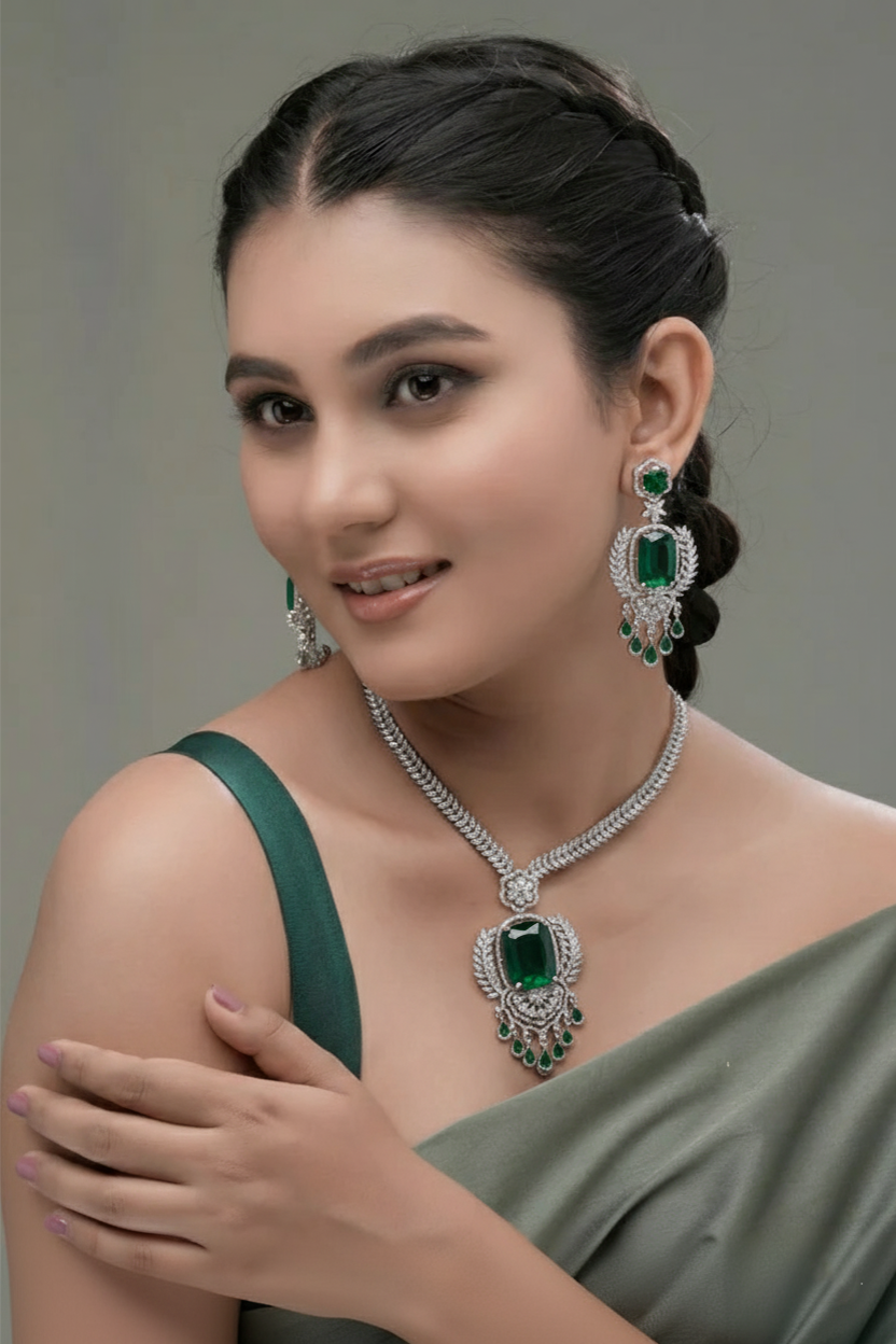 Emerald Green Oval Pendant Necklace with Silver & Crystal Detailing ( Swarovski Elements)