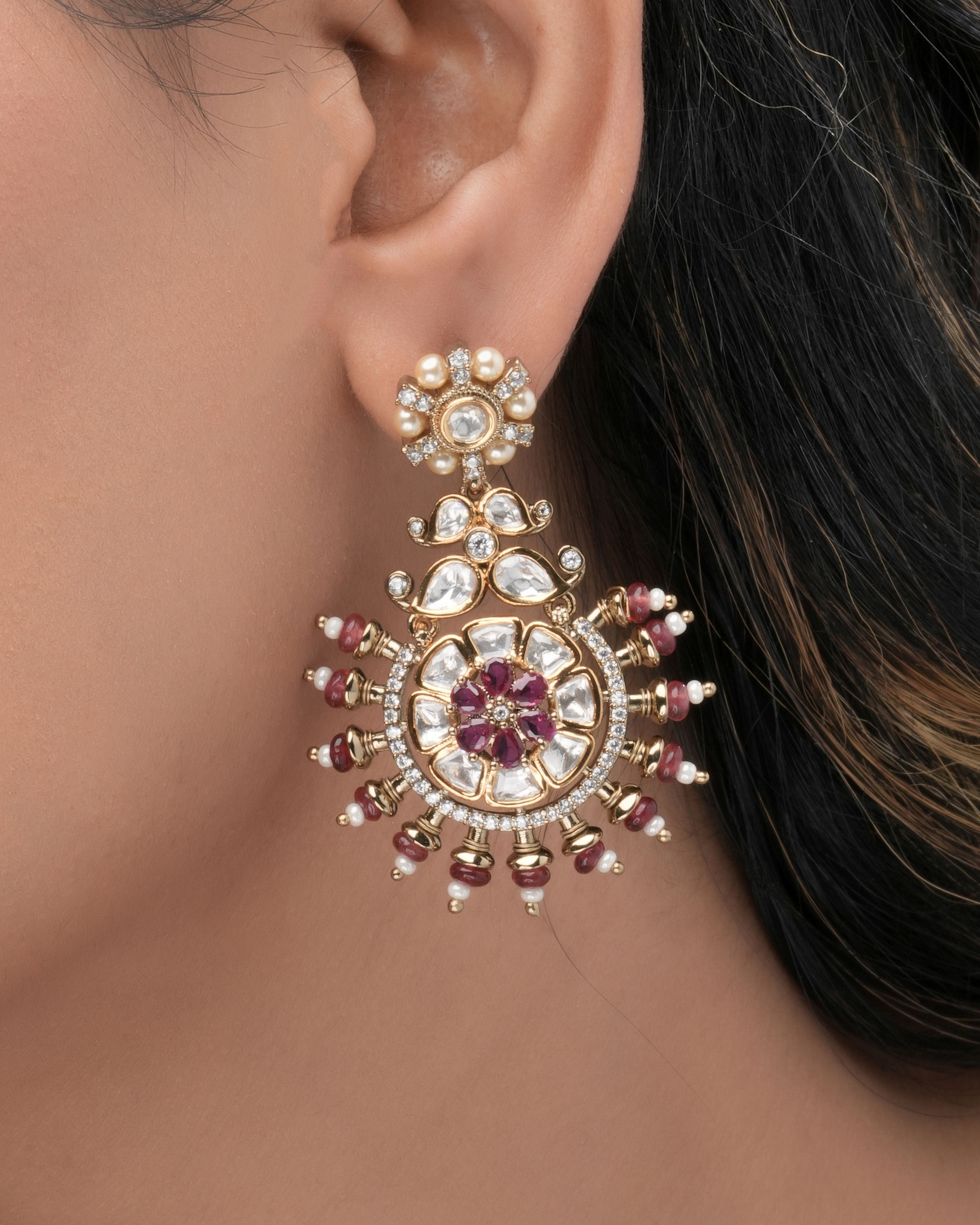 Designer Crimson Mosaic Stud Earrings with Moissanite Stones