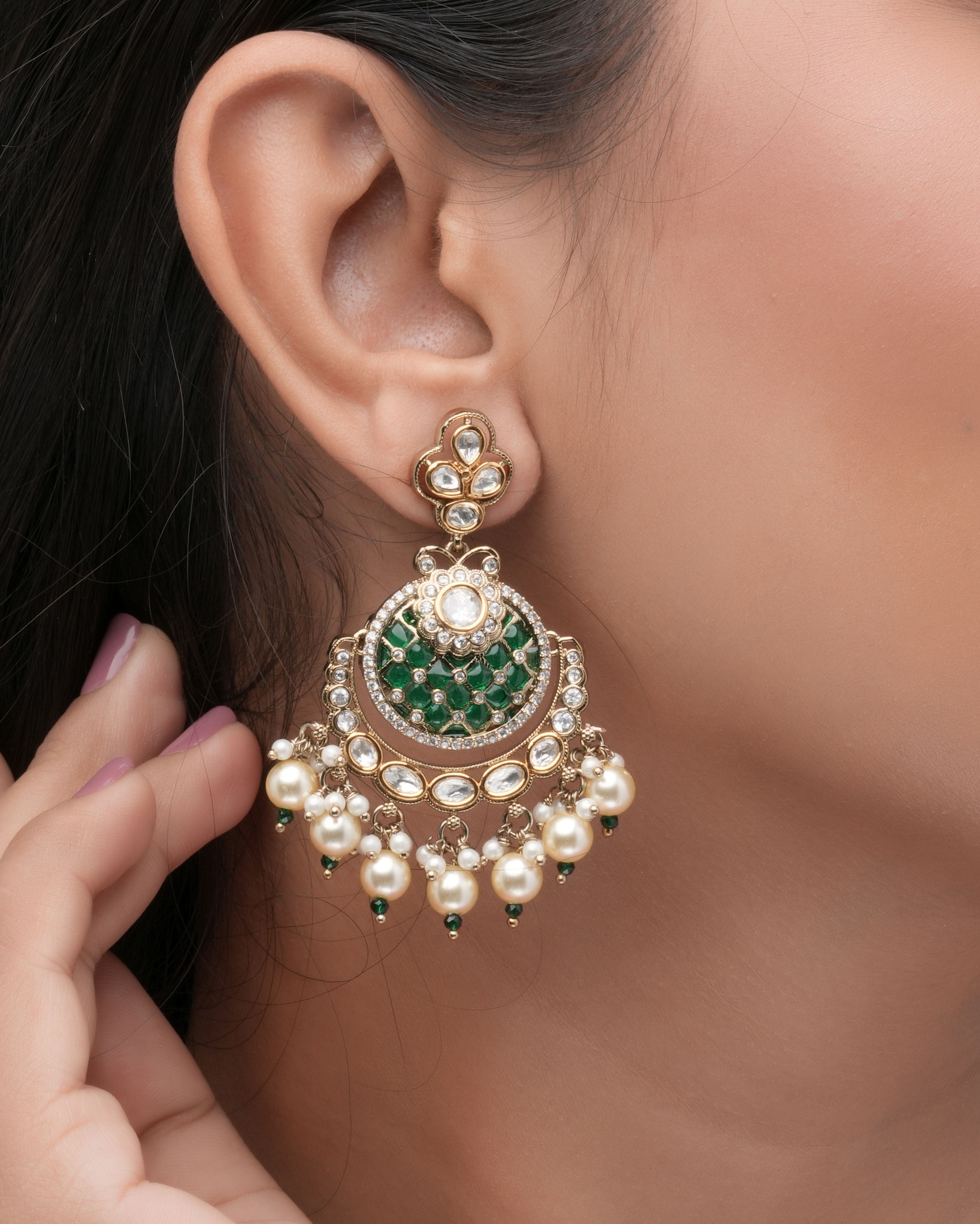 Designer Emerald Bloom Epoxy Jhumka Earrings with Moissanite