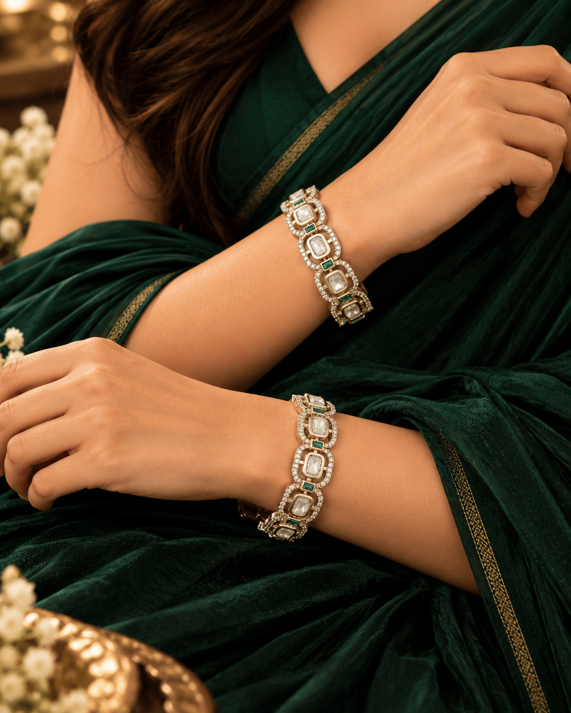 Mataari Bangles Samira Gold Plated Kundan Polki Emerald Crystal CZ Openable Bangles