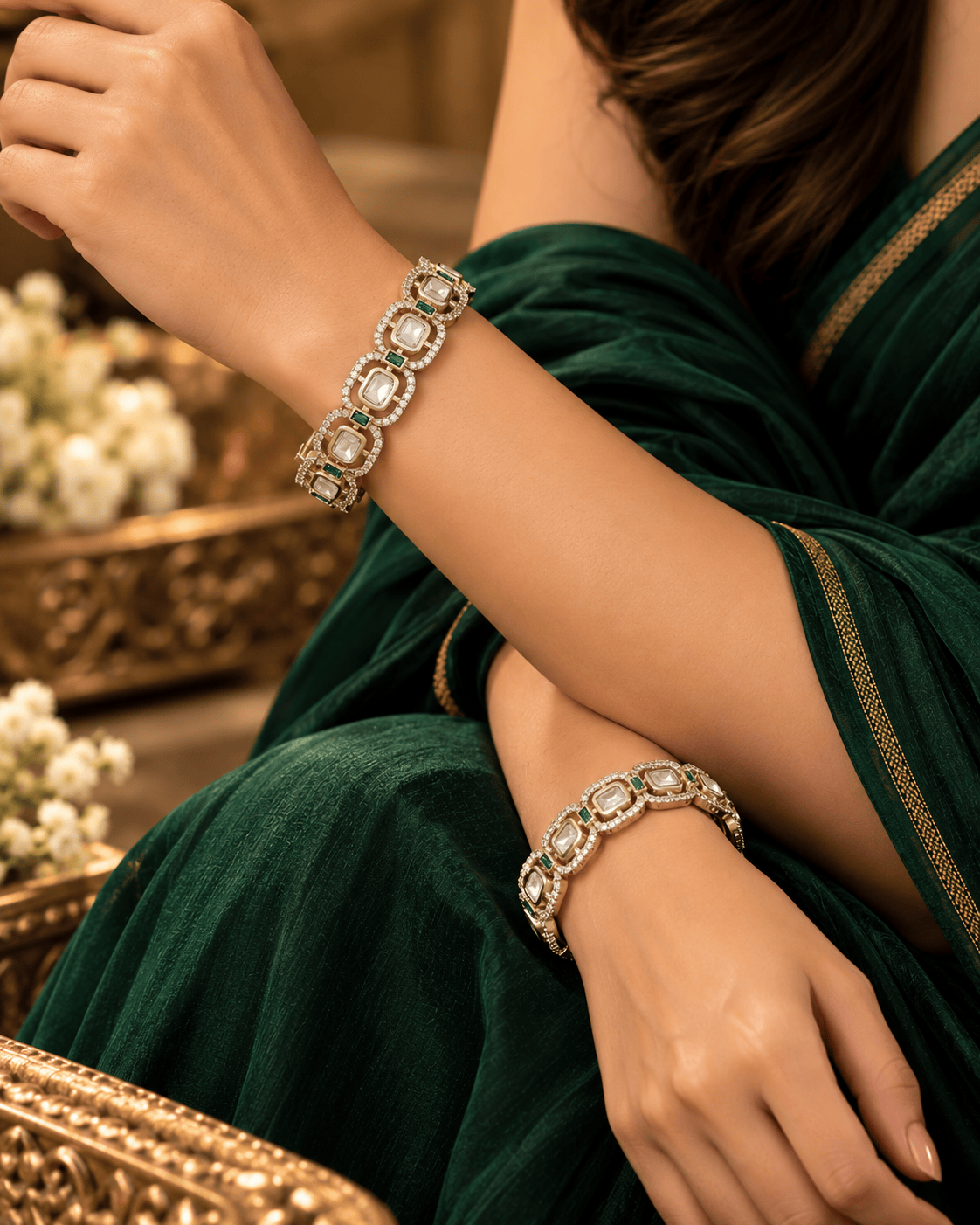 Mataari Bangles Samira Gold Plated Kundan Polki Emerald Crystal CZ Openable Bangles