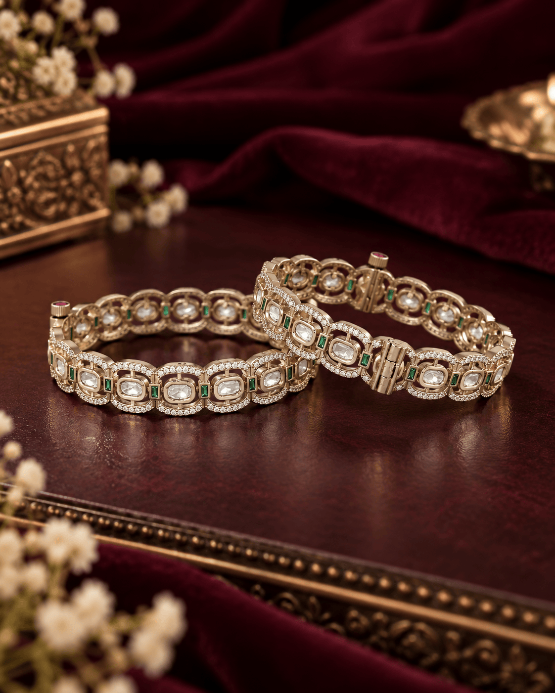 Mataari Bangles Samira Gold Plated Kundan Polki Emerald Crystal CZ Openable Bangles