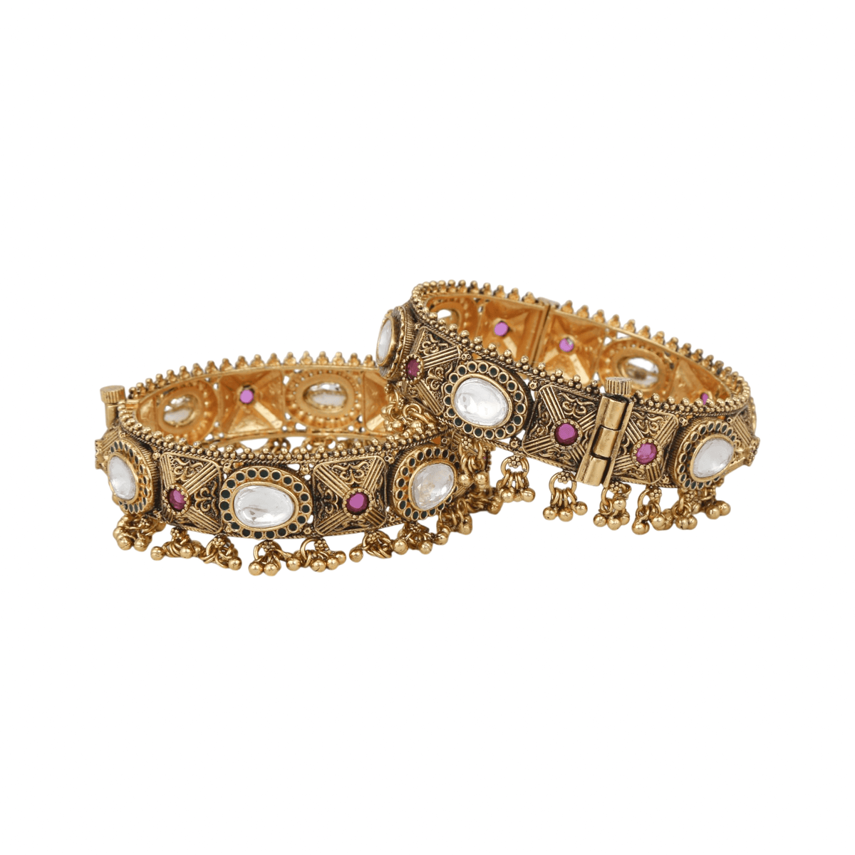 Mataari Bangles Sanjana Antique Gold Plated Kundan Beaded Openable Kada Bangles