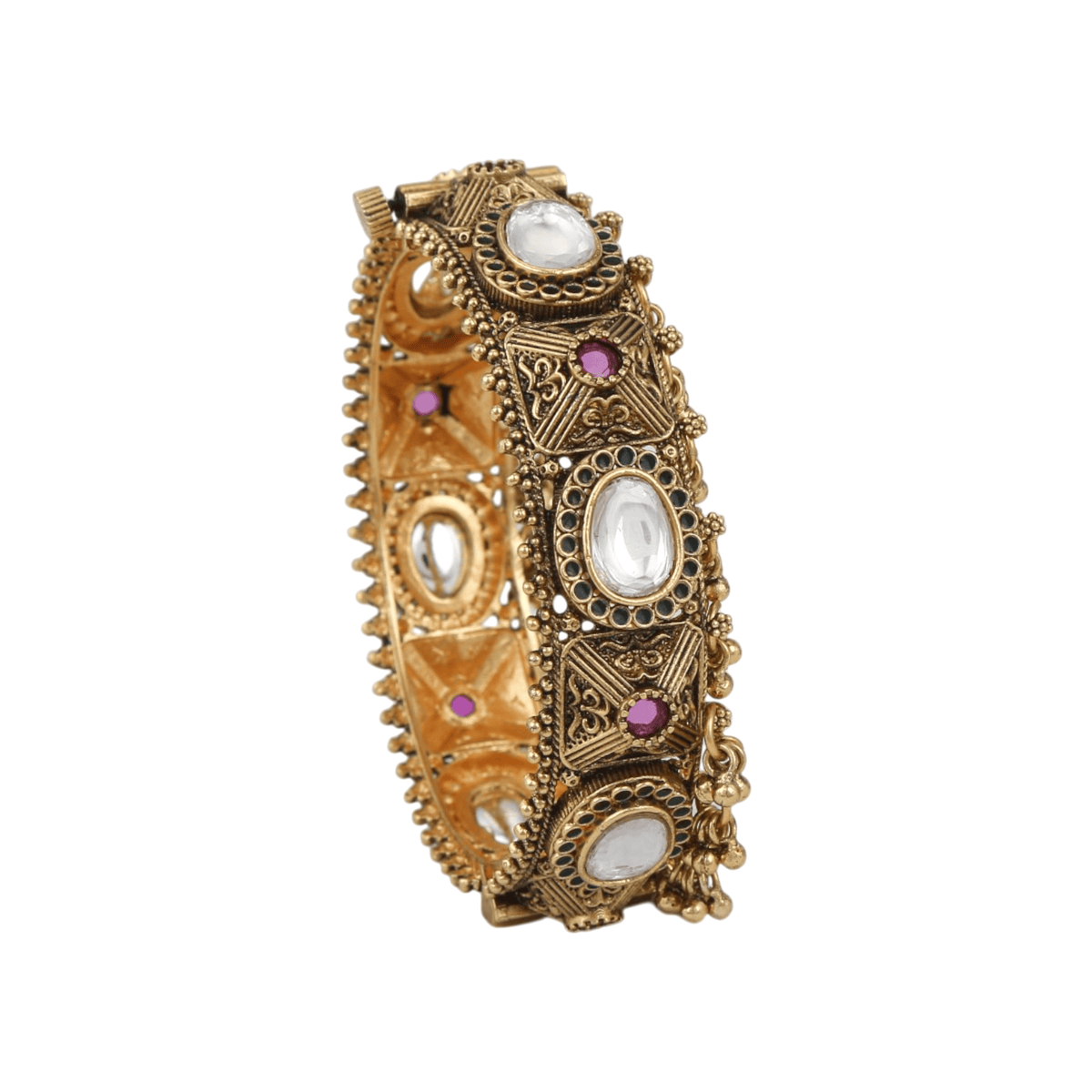 Mataari Bangles Sanjana Antique Gold Plated Kundan Beaded Openable Kada Bangles