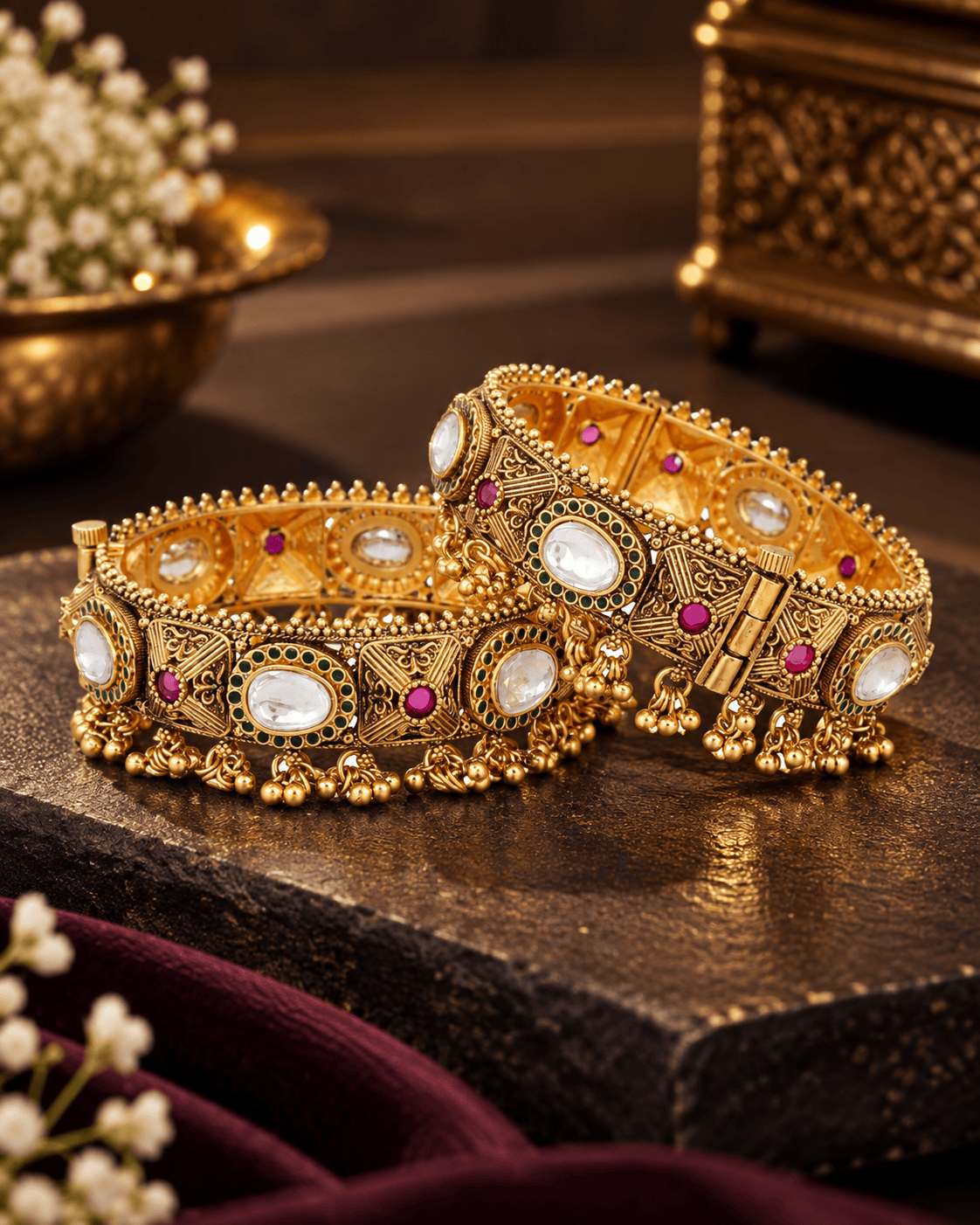 Mataari Bangles Sanjana Antique Gold Plated Kundan Beaded Openable Kada Bangles