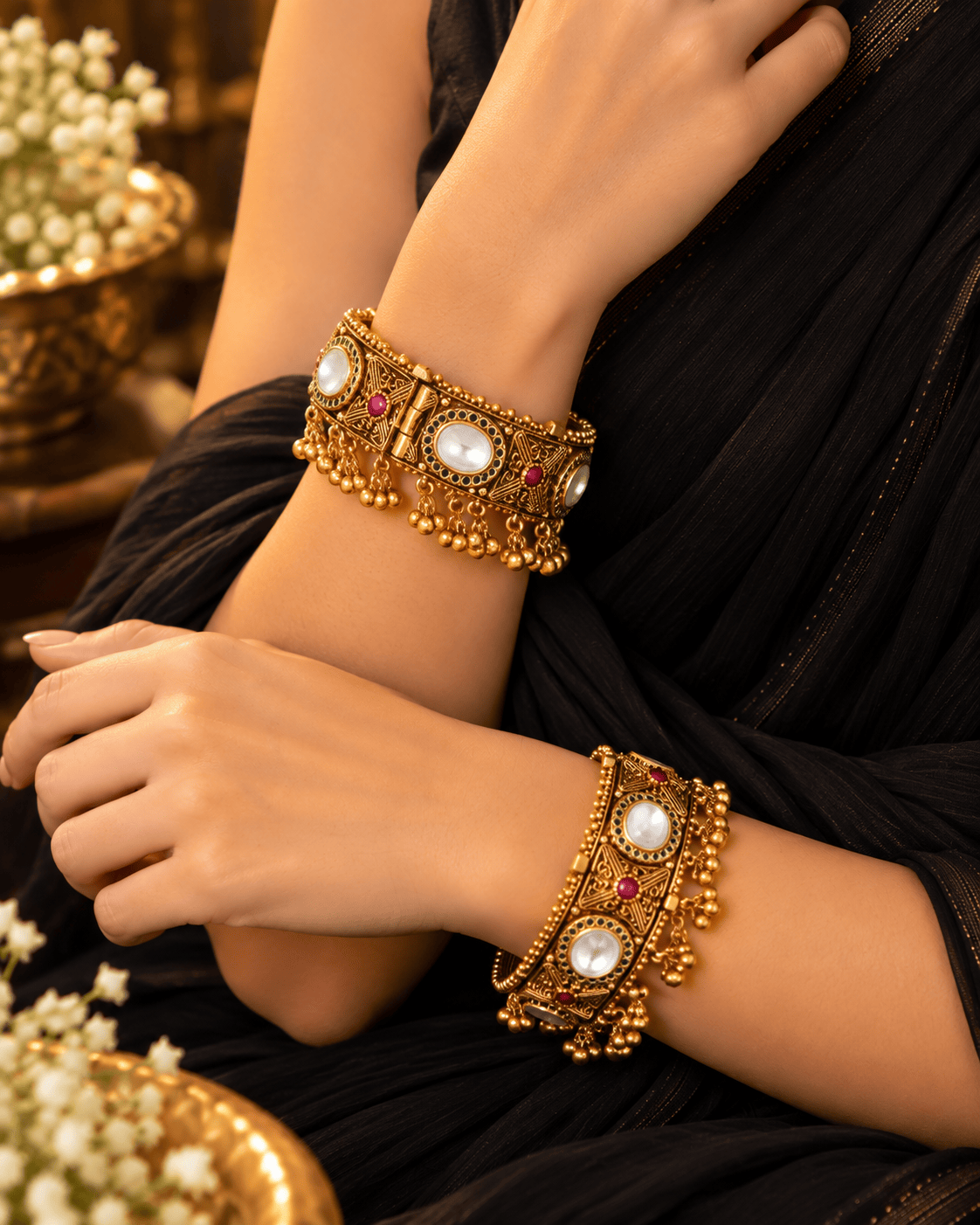 Mataari Bangles Sanjana Antique Gold Plated Kundan Beaded Openable Kada Bangles