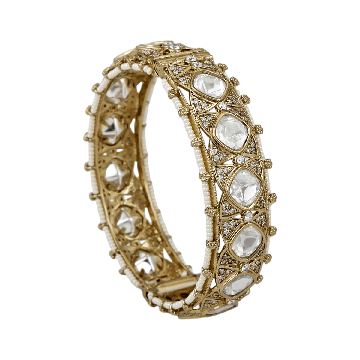 Mataari Bangles Srishti Pearl Gold Plated Polki Kundan Openable Kada Bangles