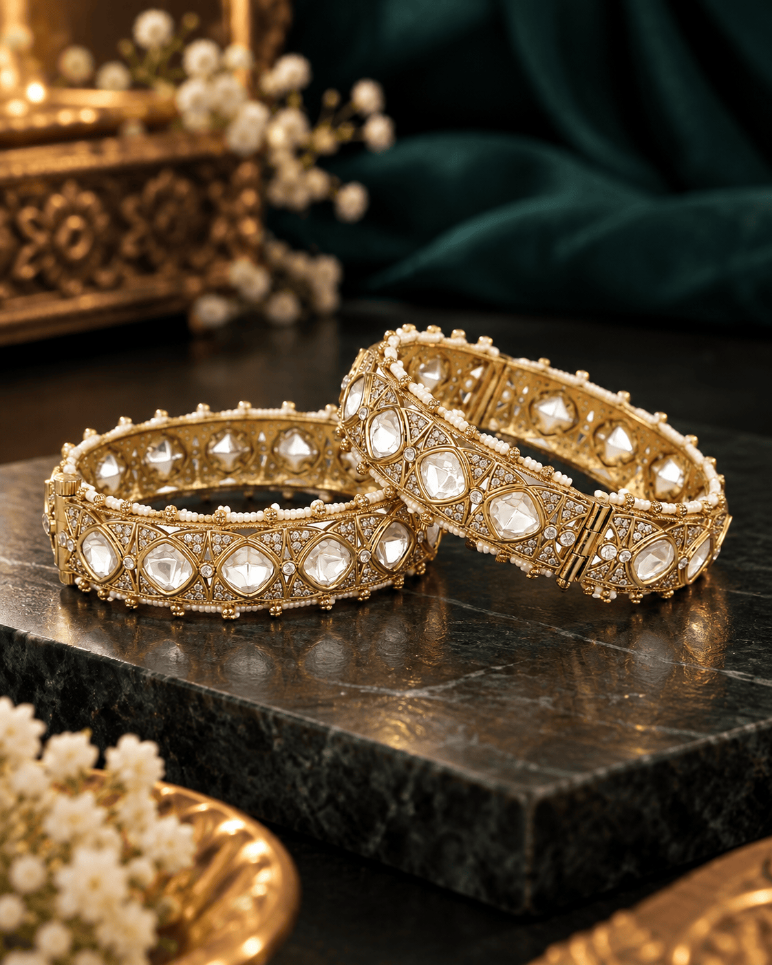 Mataari Bangles Srishti Pearl Gold Plated Polki Kundan Openable Kada Bangles