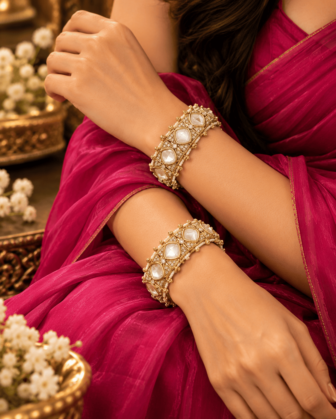 Mataari Bangles Srishti Pearl Gold Plated Polki Kundan Openable Kada Bangles