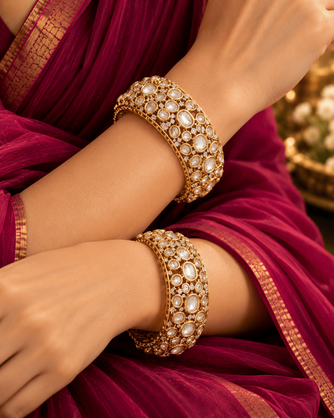 Mataari Bangles Udbhavi Golf Plated Polki Kundan Flower Openable Kada Bangles