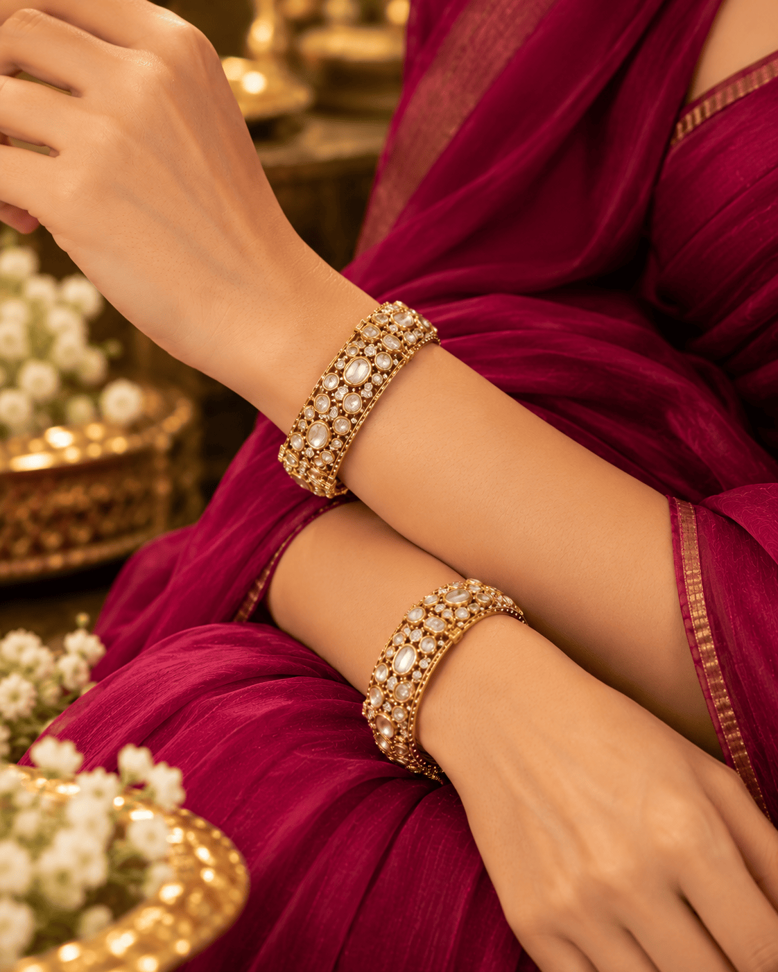 Mataari Bangles Udbhavi Golf Plated Polki Kundan Flower Openable Kada Bangles