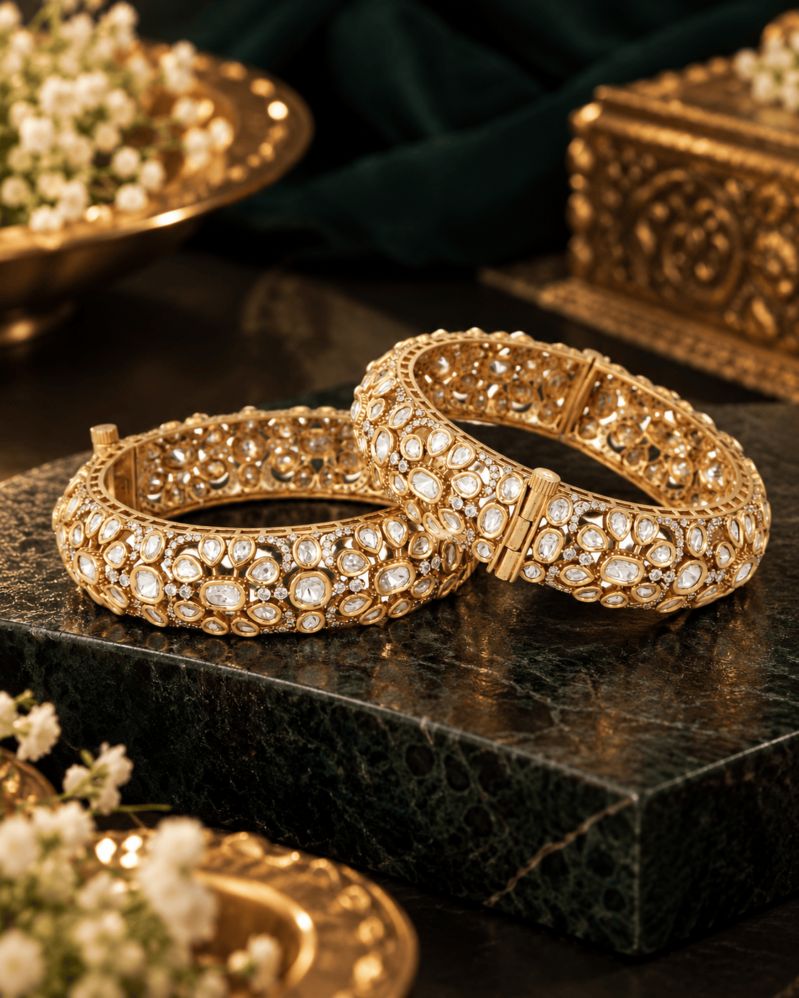Mataari Bangles Udbhavi Golf Plated Polki Kundan Flower Openable Kada Bangles