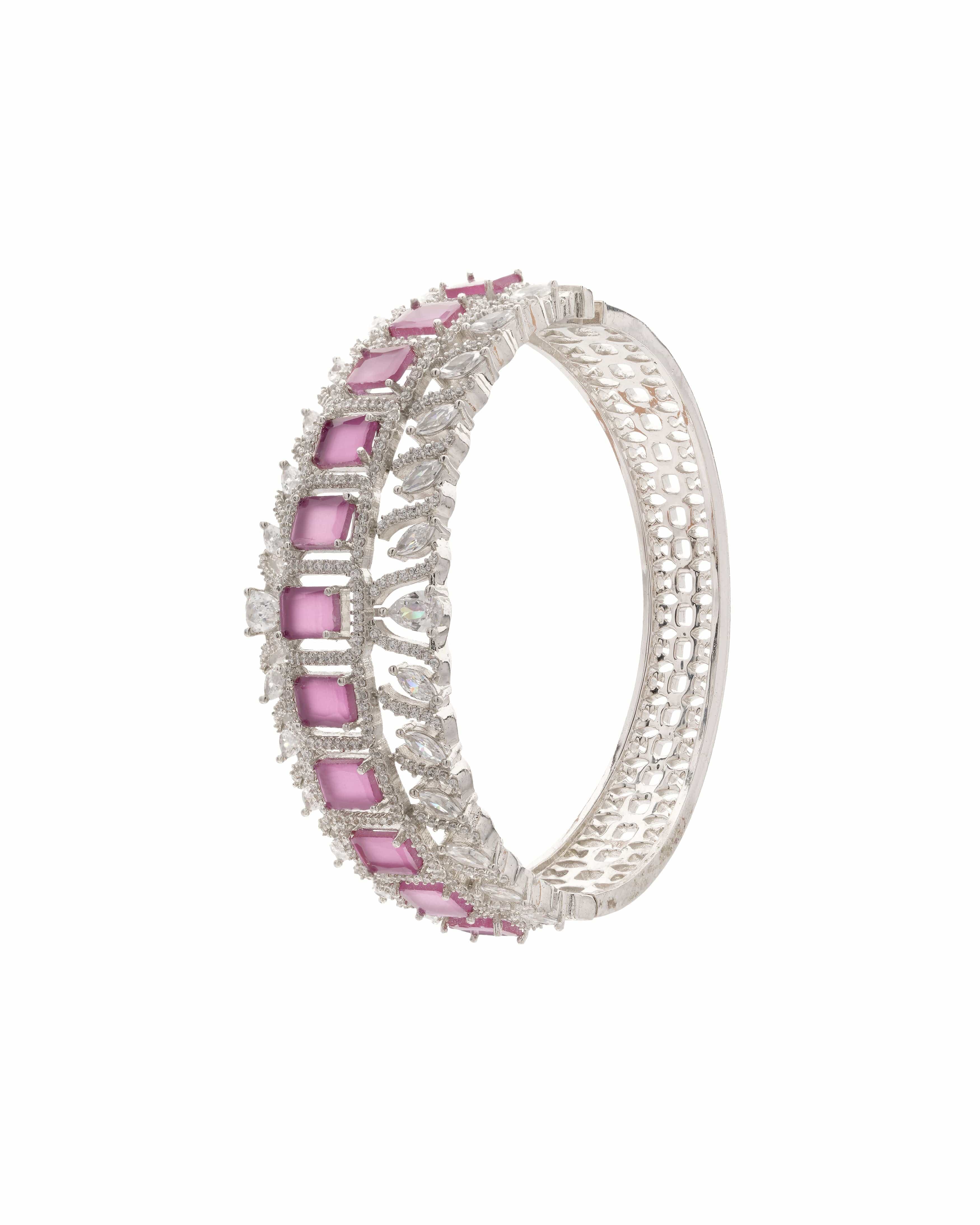 Mataari Bracelet,Bangles Statement Luxe Openable Bracelet  - Silver Finish with Semi Precious Runy/Dep Pink stones and CZ Accents
