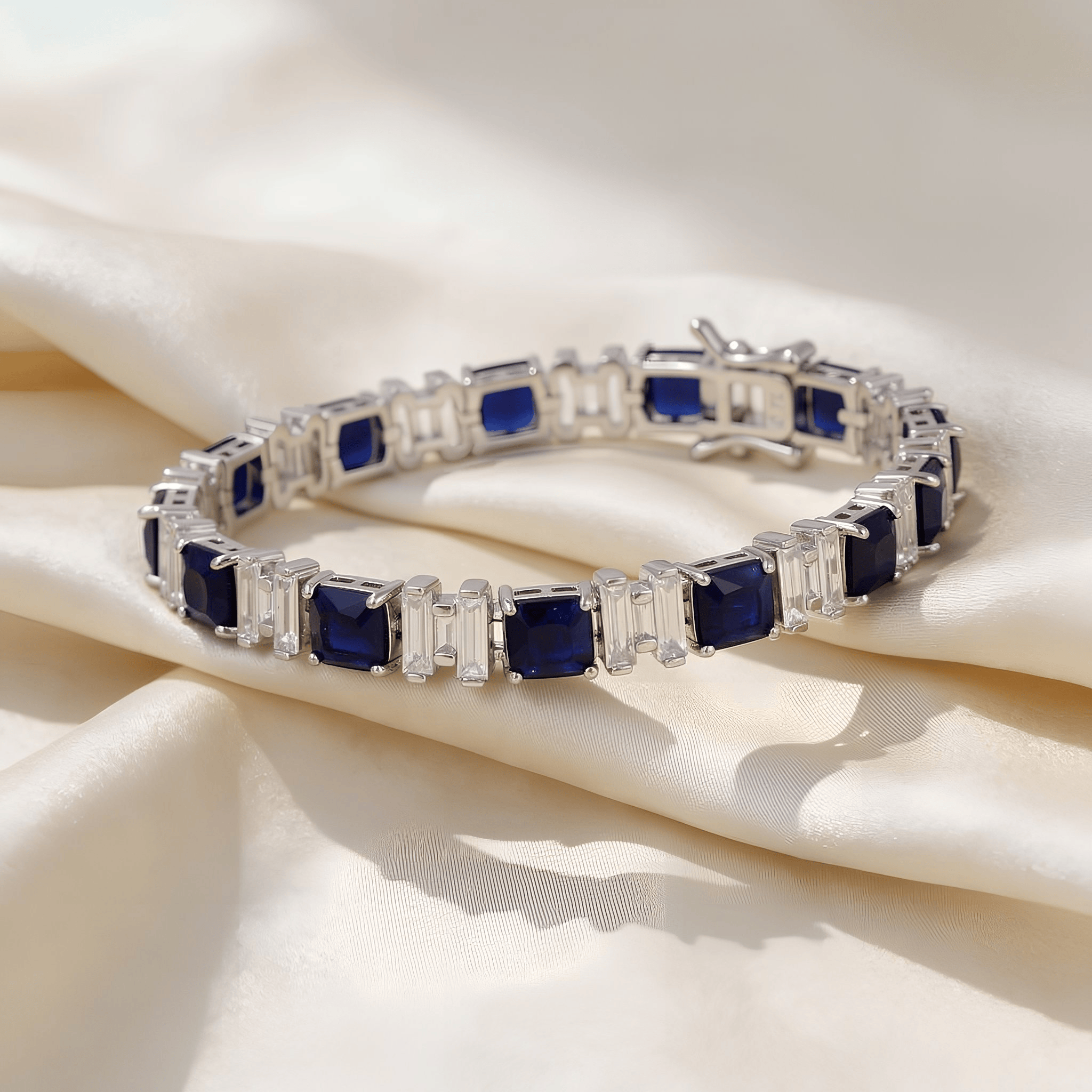 Mataari Bracelet Blue Sapphire Silver Plated Cubic Zirconia Tennis Bracelet