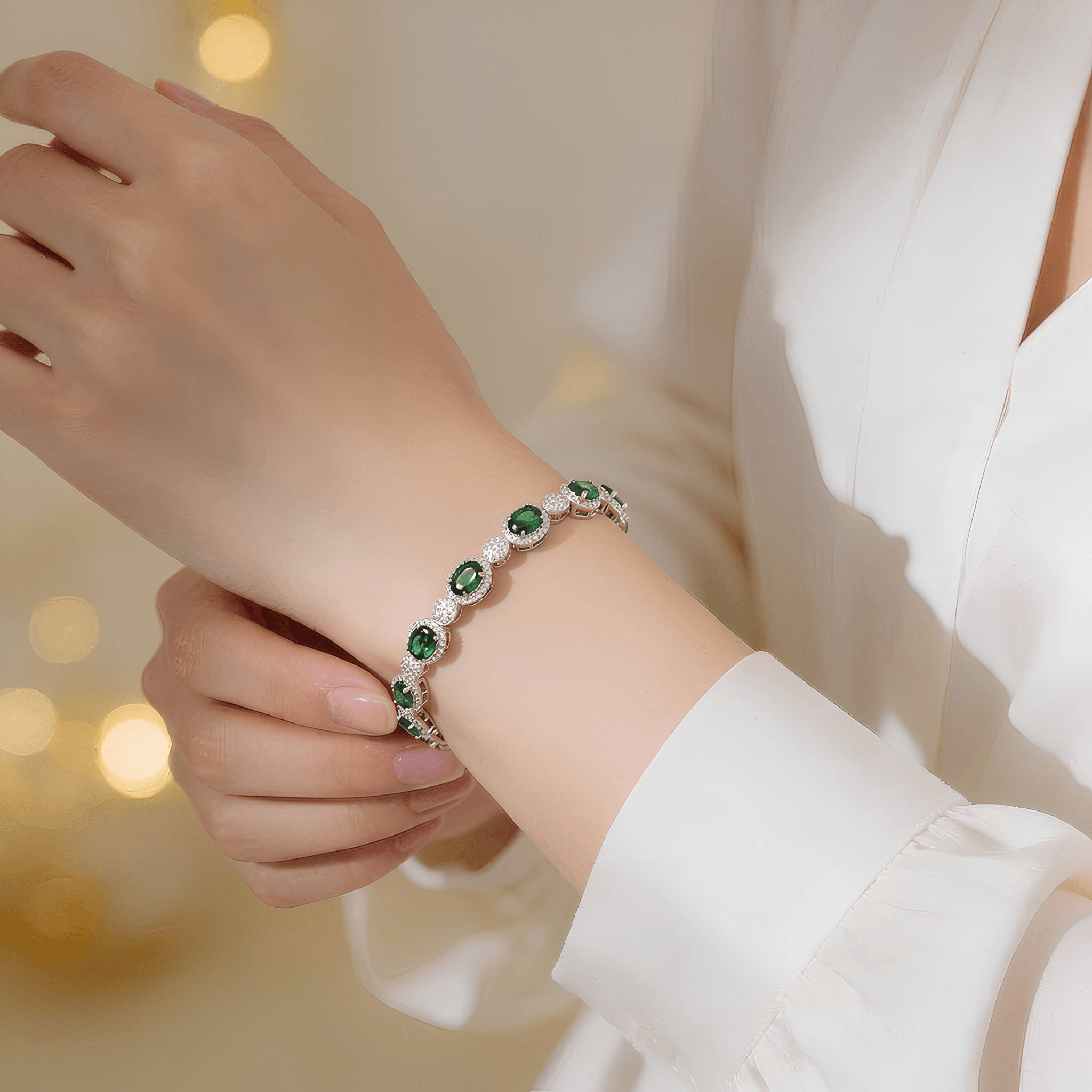 Mataari Bracelet Cubic Zirconia Silver Plated Oval Emerald Openable Bracelet