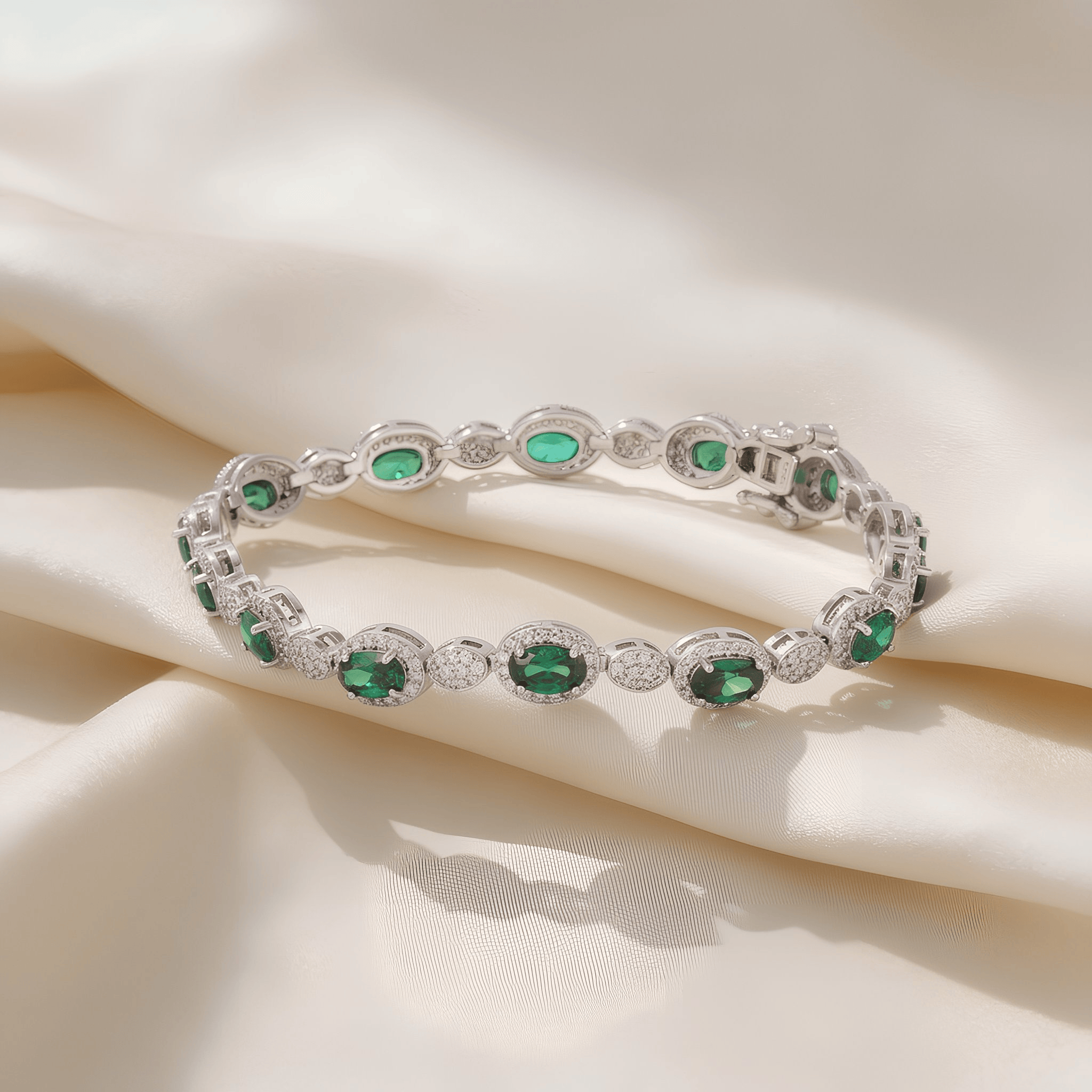 Mataari Bracelet Cubic Zirconia Silver Plated Oval Emerald Openable Bracelet