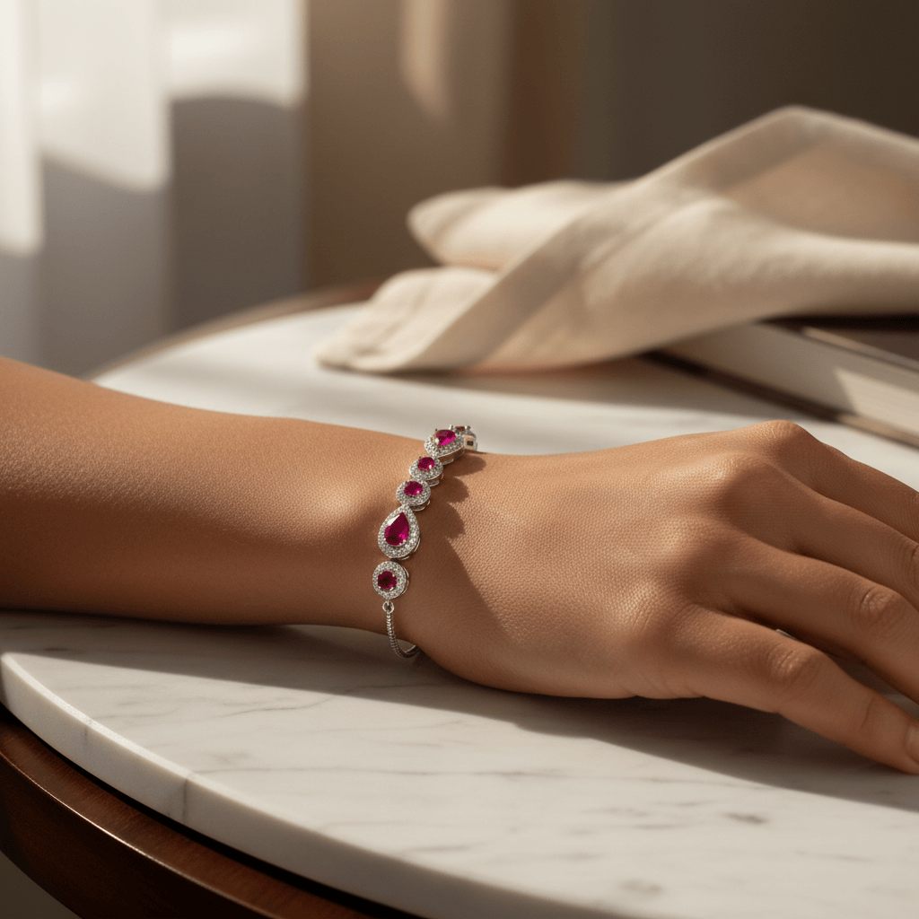 Mataari Bracelet Cubic Zirconia Sterling Silver Ruby Sliding Bracelet Knot