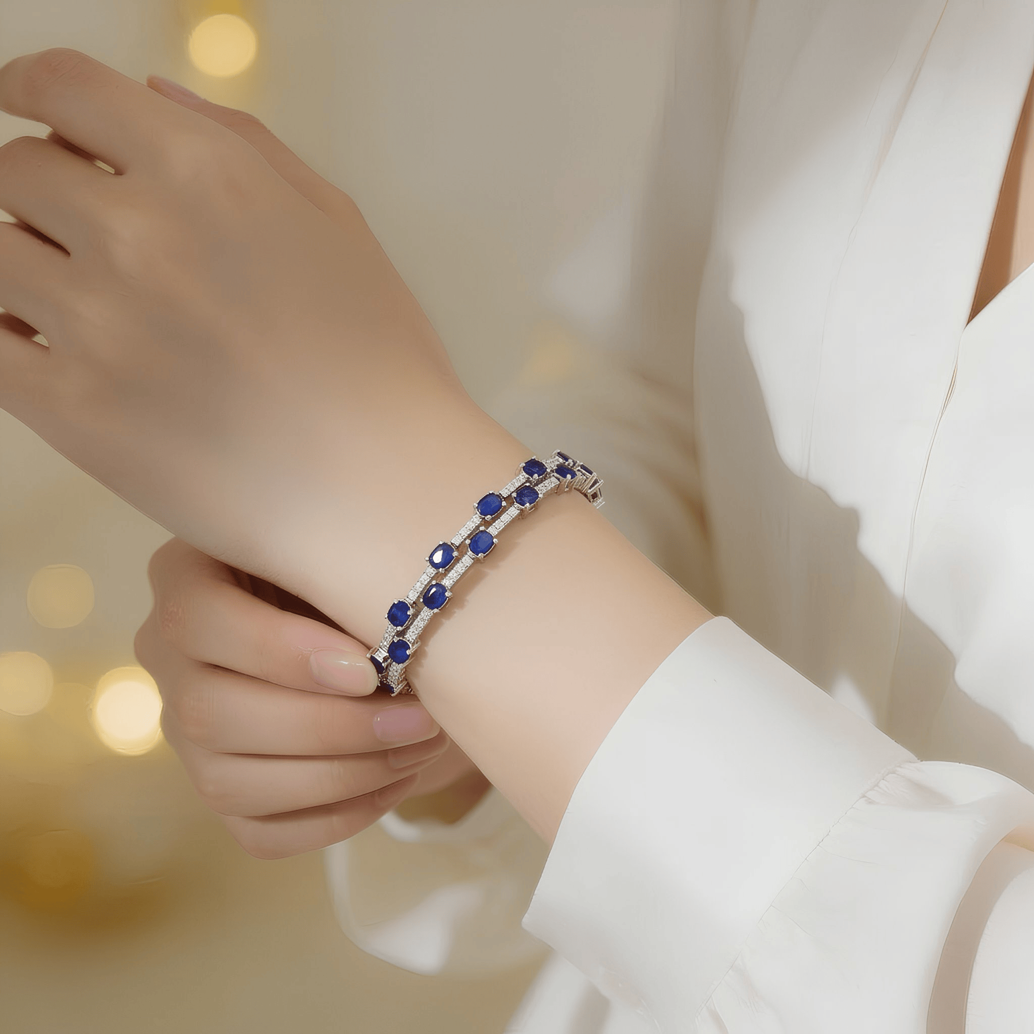 Mataari Bracelet Double Layer Blue Sapphire Silver Plated Cubic Zirconia Bracelet