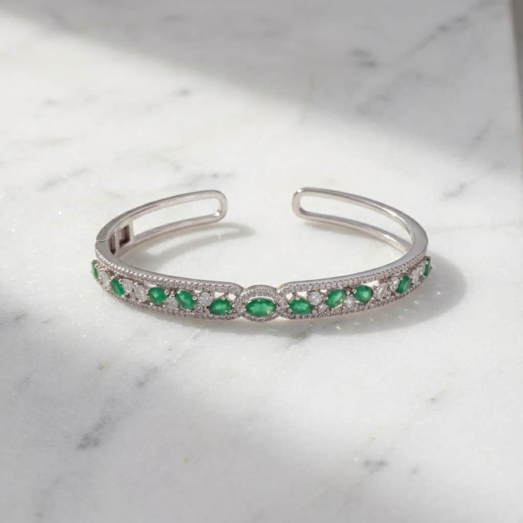 Mataari Bracelet Silver Moissanite Crystal Birthstone Bracelet Femme with Ruby, Emerald & Rose Quartz Accents