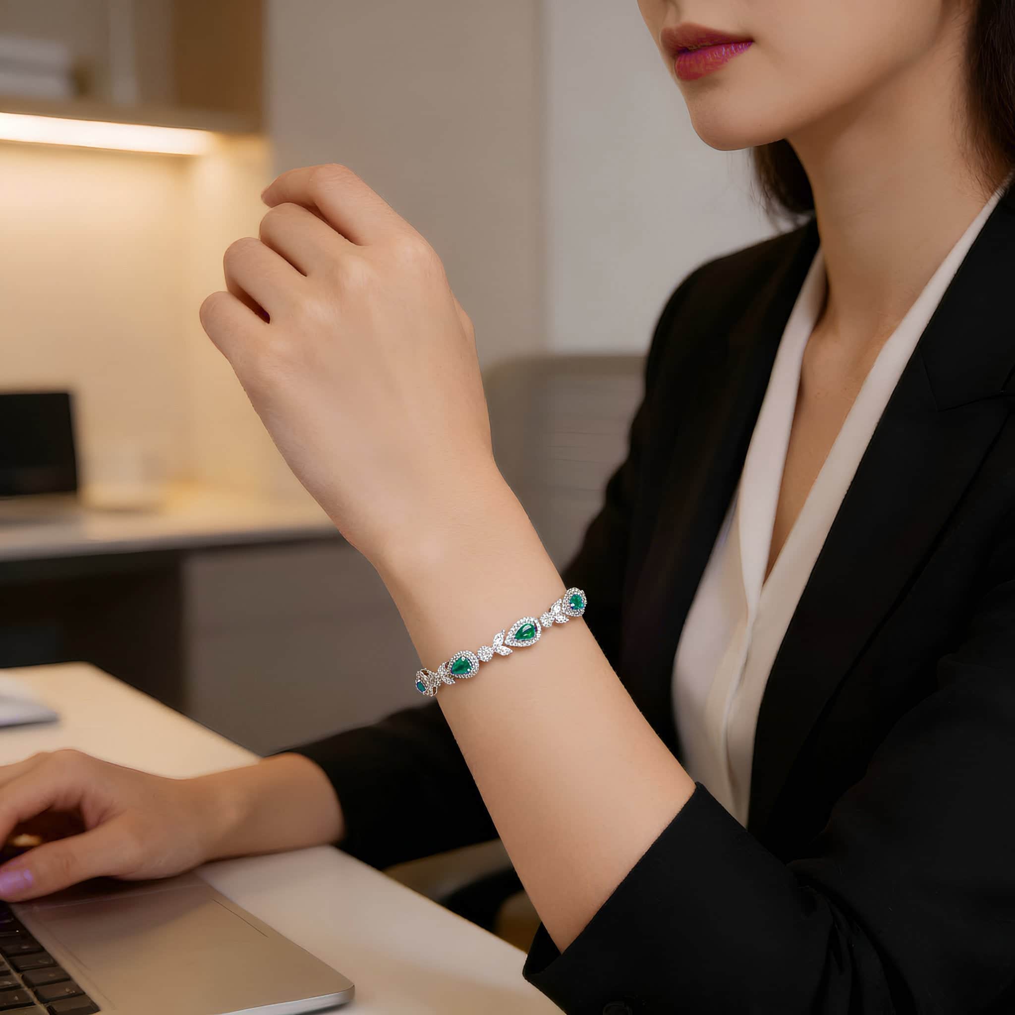 Mataari Bracelet Silver Plated Ruby Pear Cubic Zirconia Floral Emerald Bracelet
