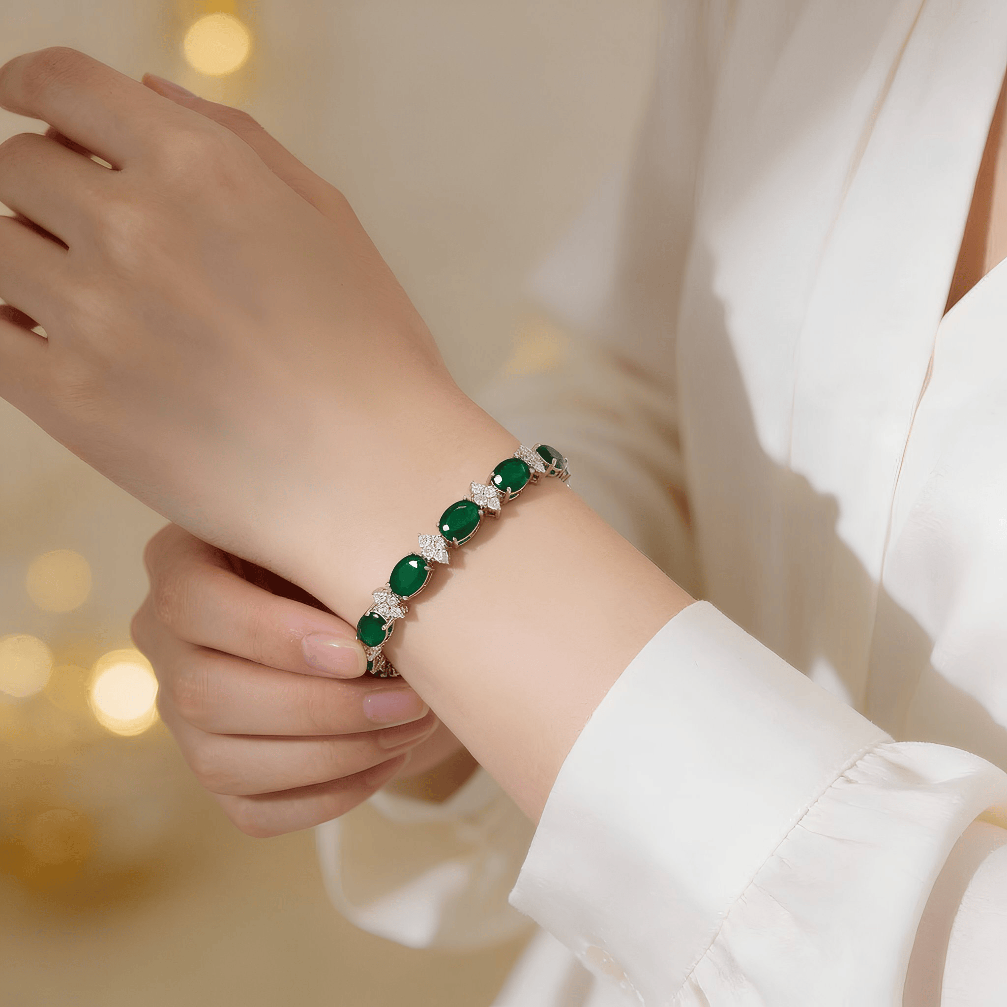 Mataari Bracelet Oval Emerald Silver Plated Cubic Zirconia Bracelet