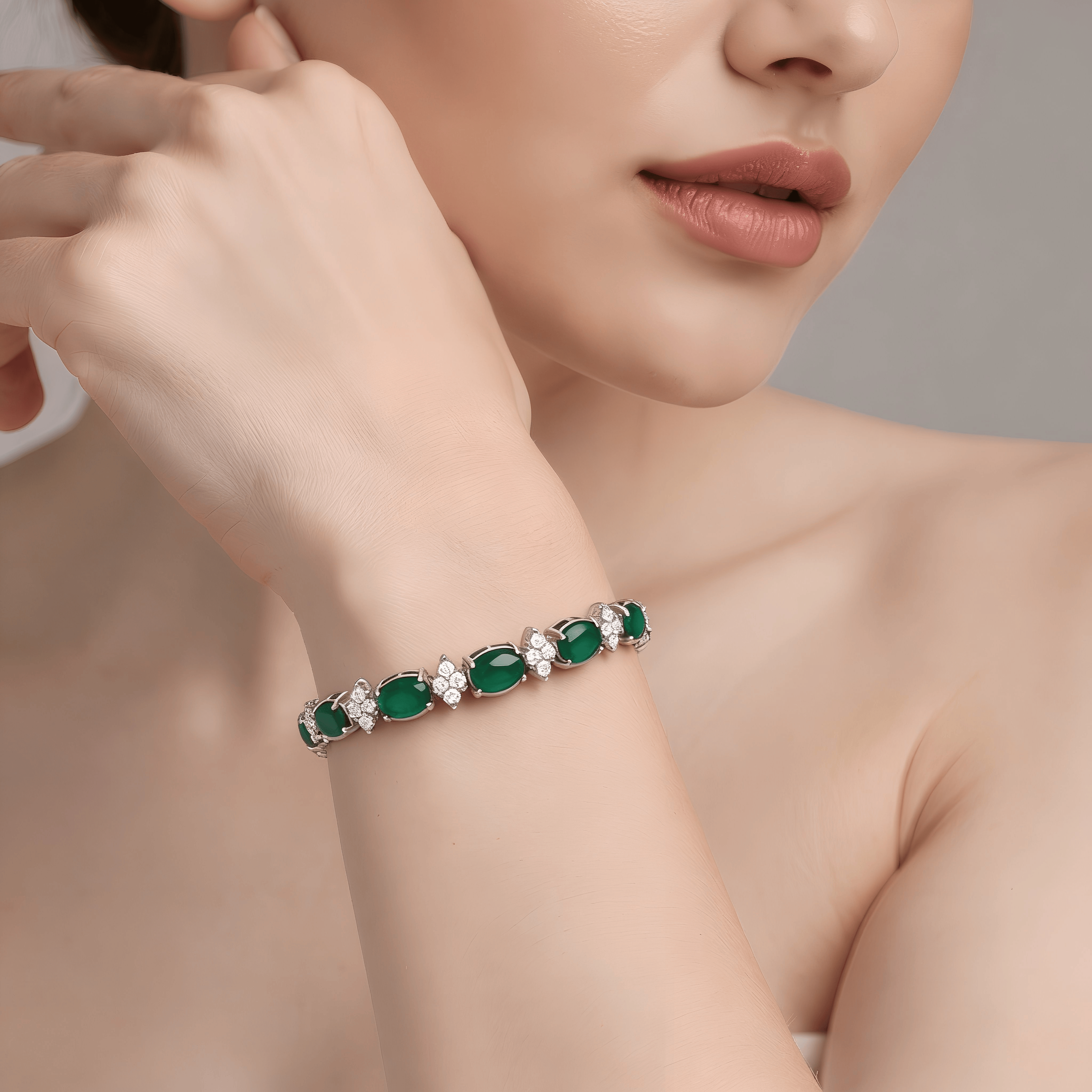 Mataari Bracelet Oval Emerald Silver Plated Cubic Zirconia Bracelet
