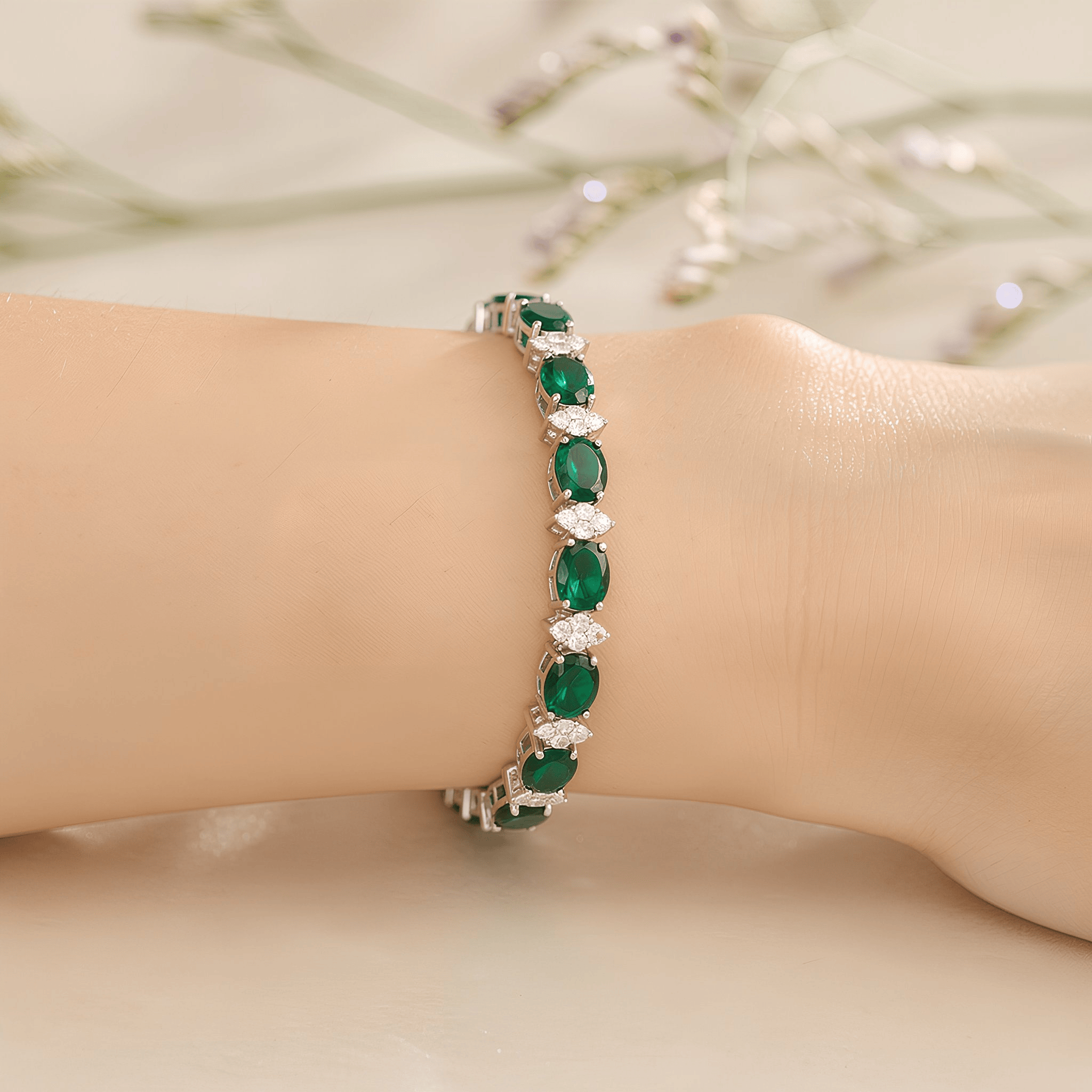 Mataari Bracelet Oval Emerald Silver Plated Cubic Zirconia Bracelet
