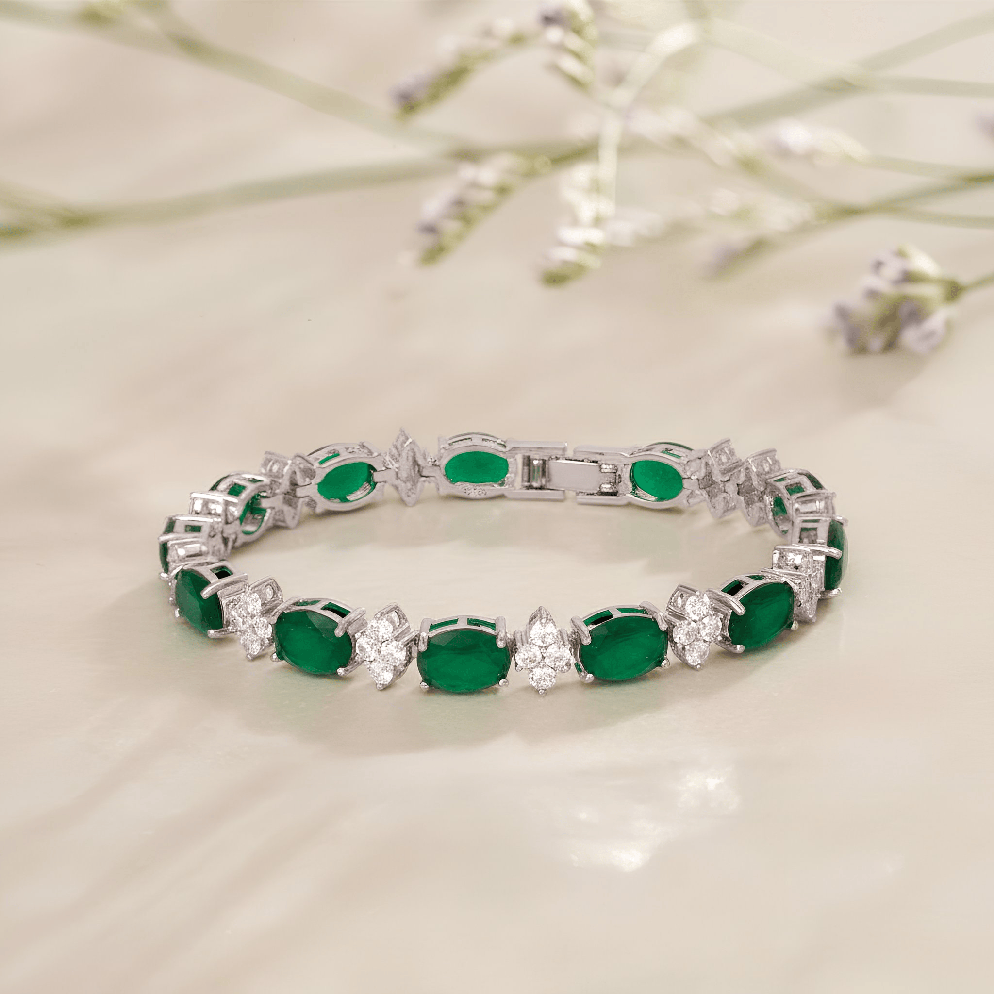 Mataari Bracelet Oval Emerald Silver Plated Cubic Zirconia Bracelet