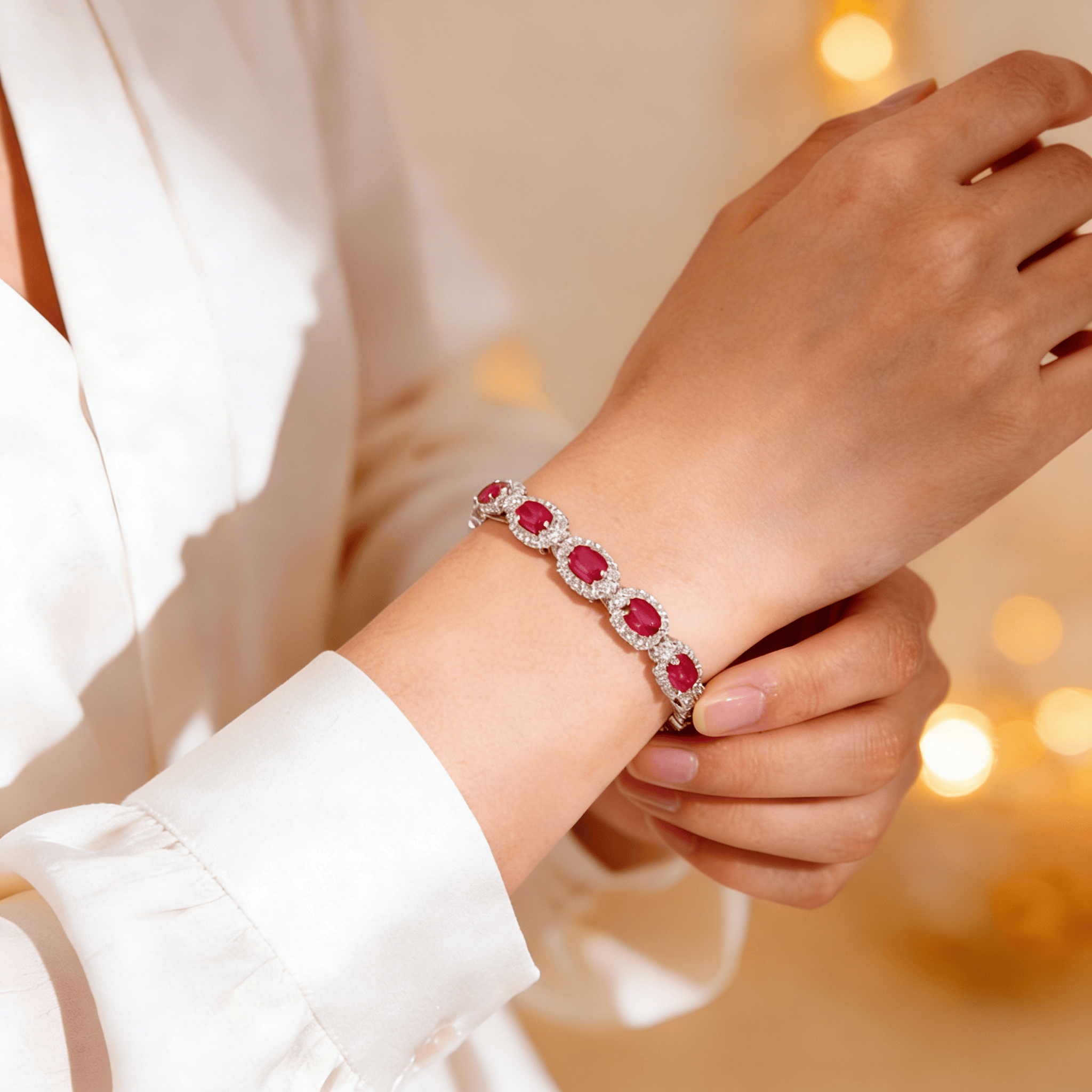 Mataari Bracelet Oval Ruby Silver Plated Cubic Zirconia Openable Bracelet