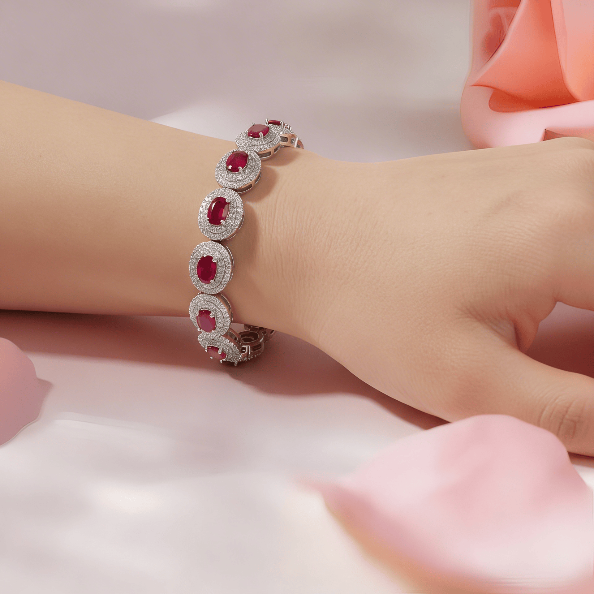 Mataari Bracelet Oval Ruby Silver Plated Cubic Zirconia Openable Bracelet