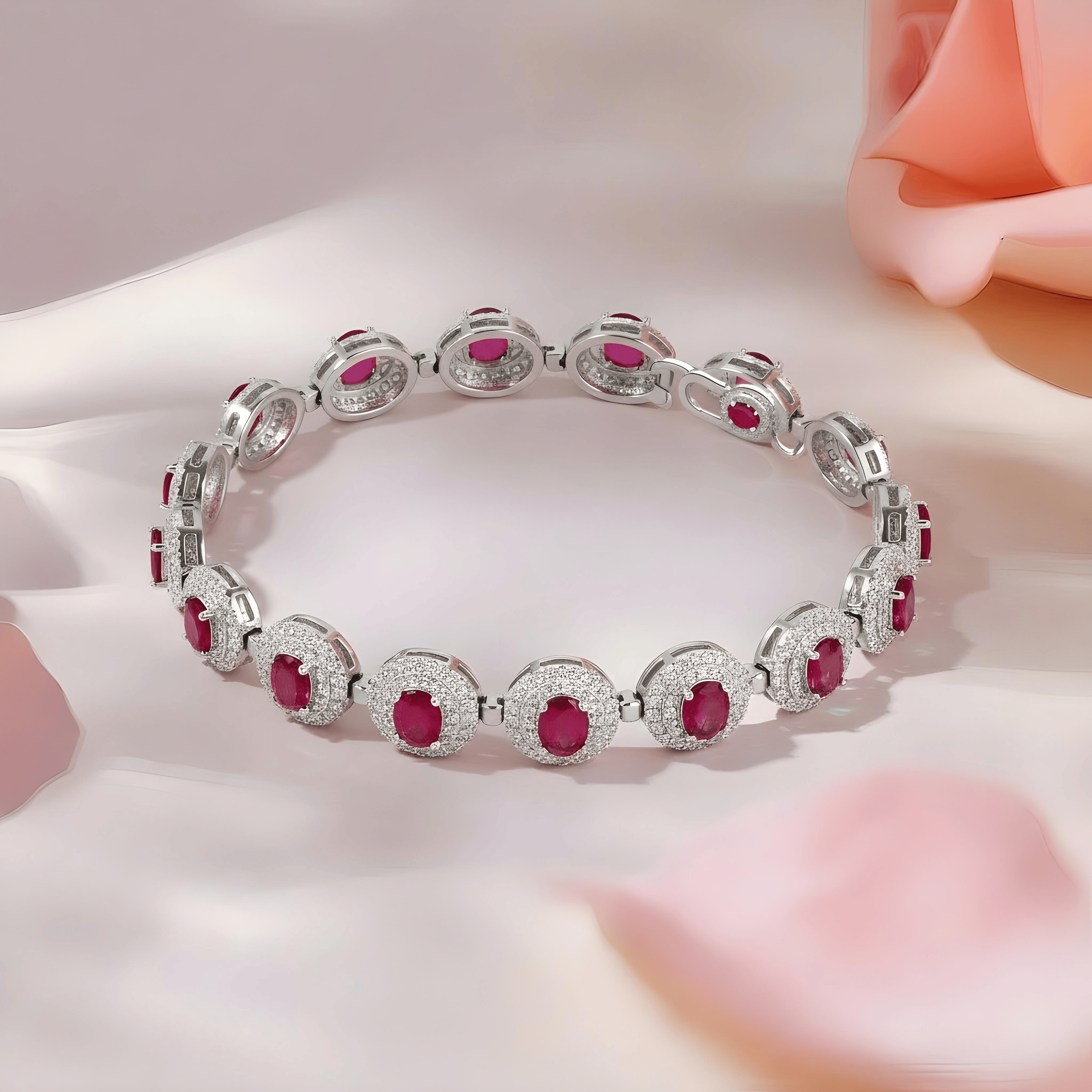 Mataari Bracelet Oval Ruby Silver Plated Cubic Zirconia Openable Bracelet