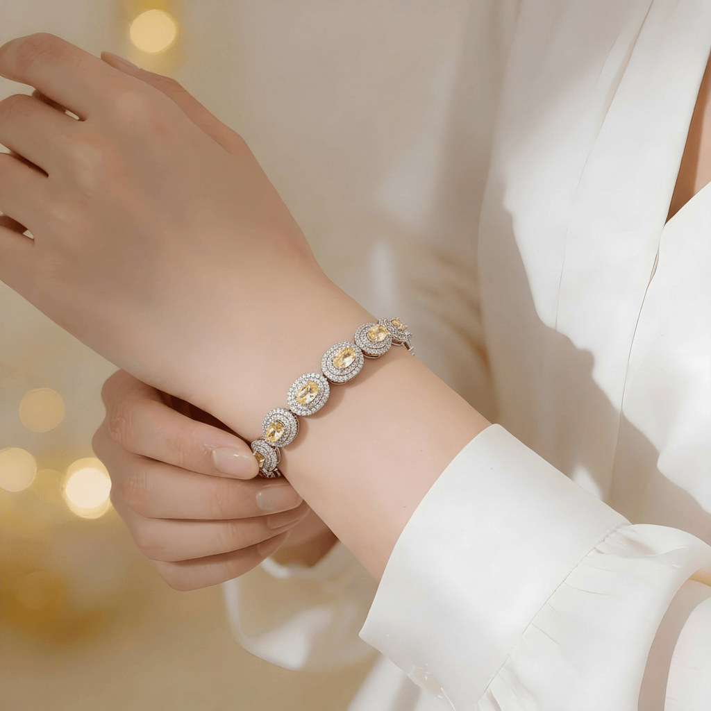 Mataari Bracelet Oval Yellow Sapphire Silver Plated Cubic Zirconia Openable Tennis Bracelet