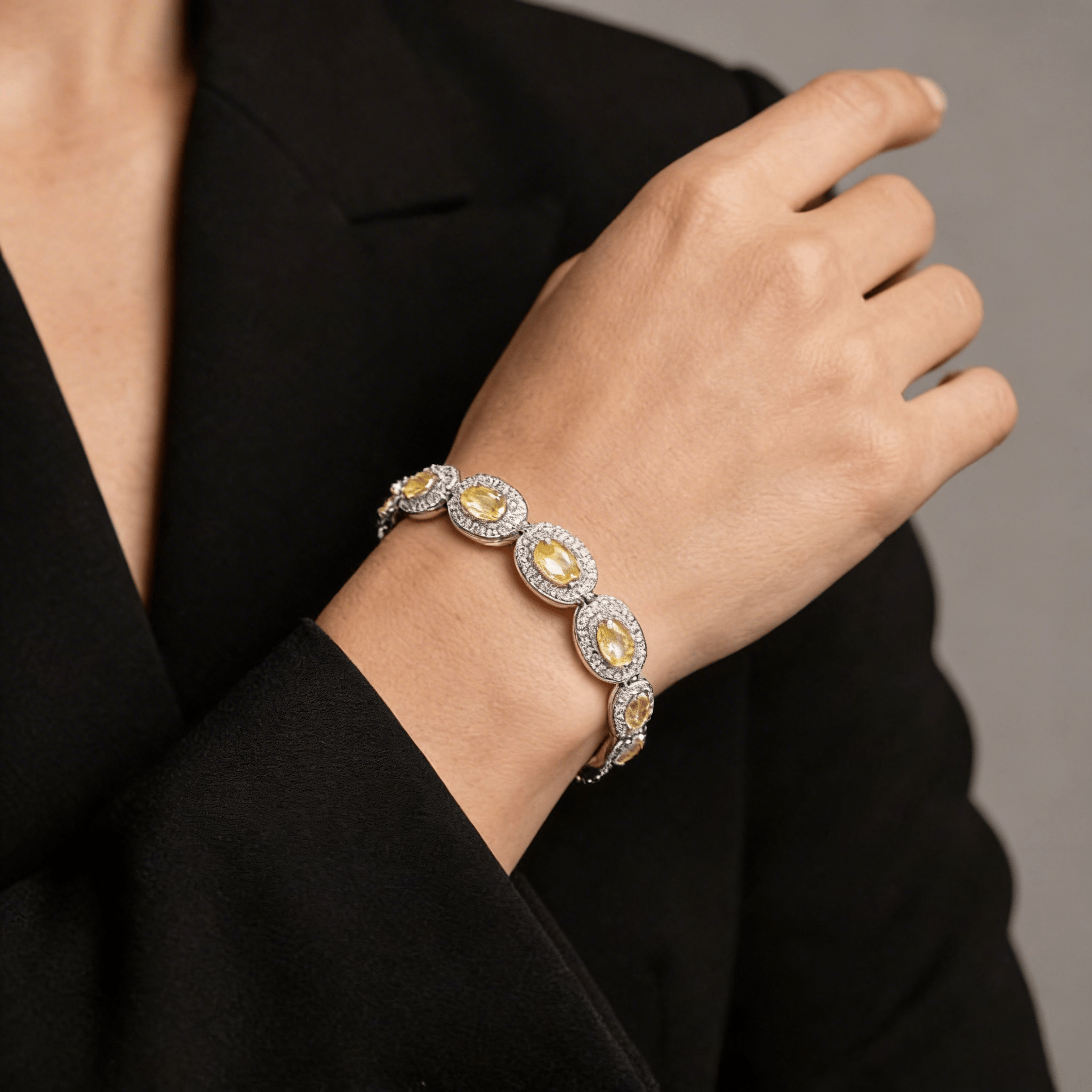 Mataari Bracelet Oval Yellow Sapphire Silver Plated Cubic Zirconia Openable Tennis Bracelet