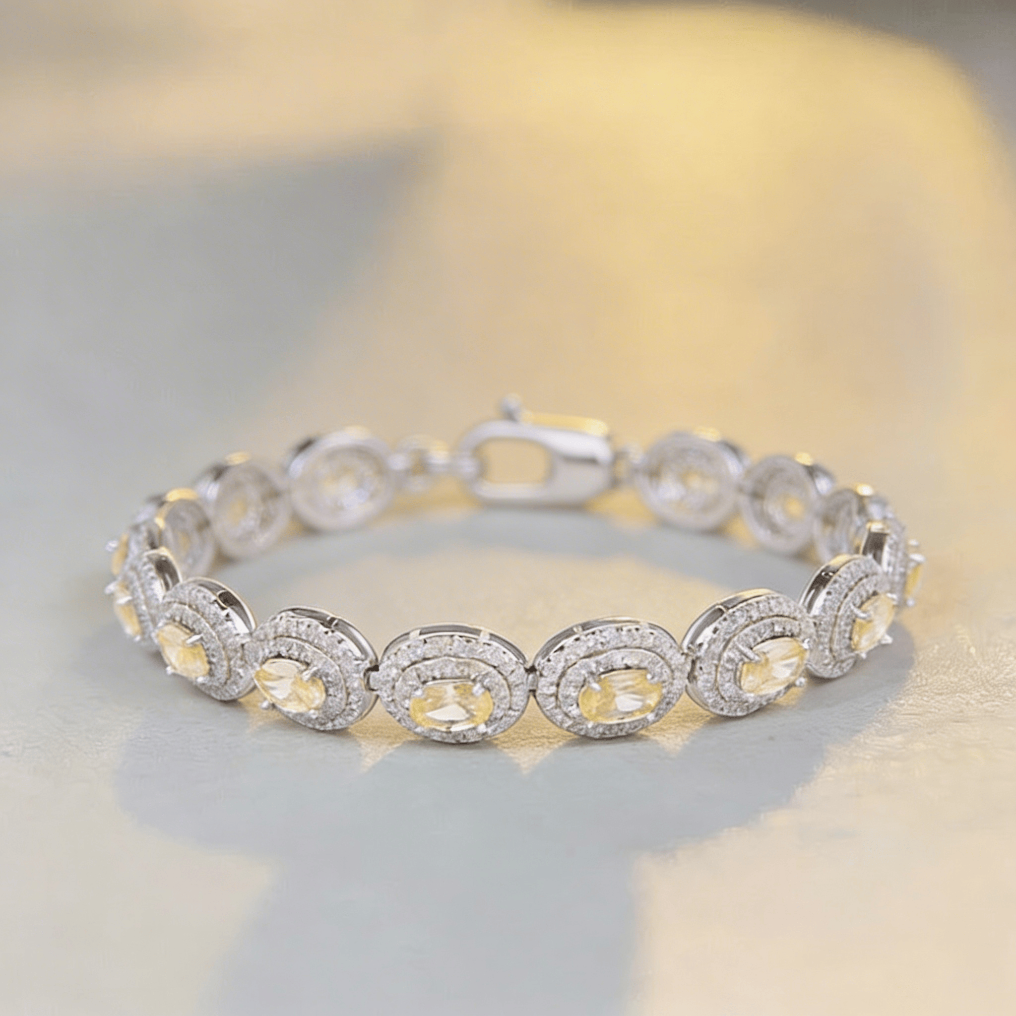 Mataari Bracelet Oval Yellow Sapphire Silver Plated Cubic Zirconia Openable Tennis Bracelet
