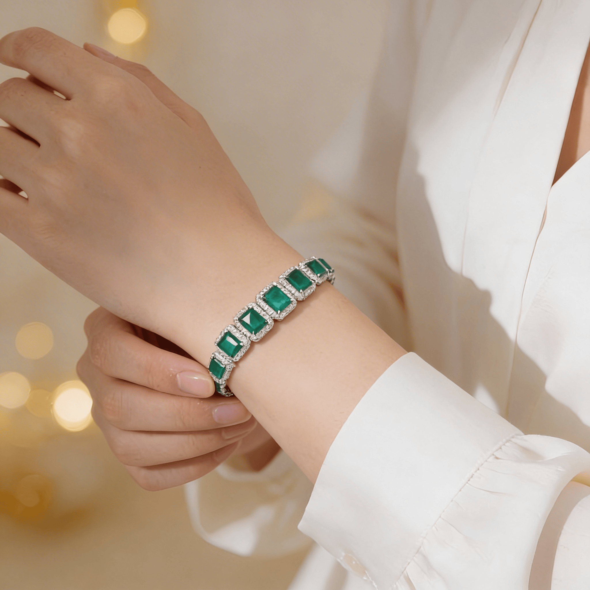 Mataari Bracelet Rectangle Emerald Cubic Zirconia Silver Plated Tennis Bracelet