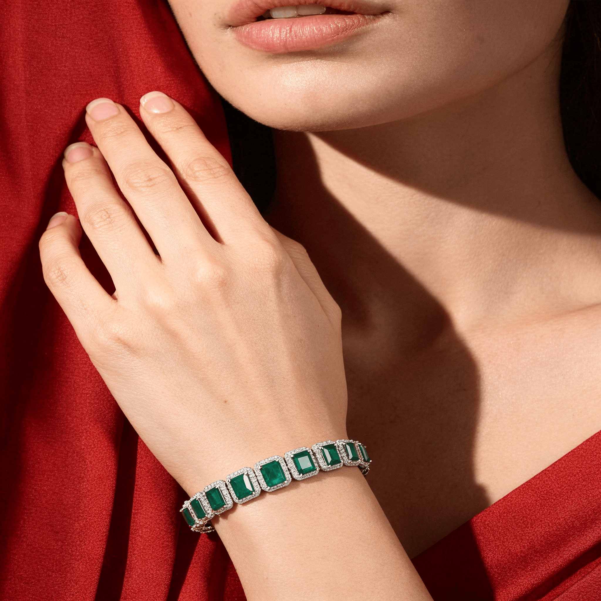 Mataari Bracelet Rectangle Emerald Cubic Zirconia Silver Plated Tennis Bracelet
