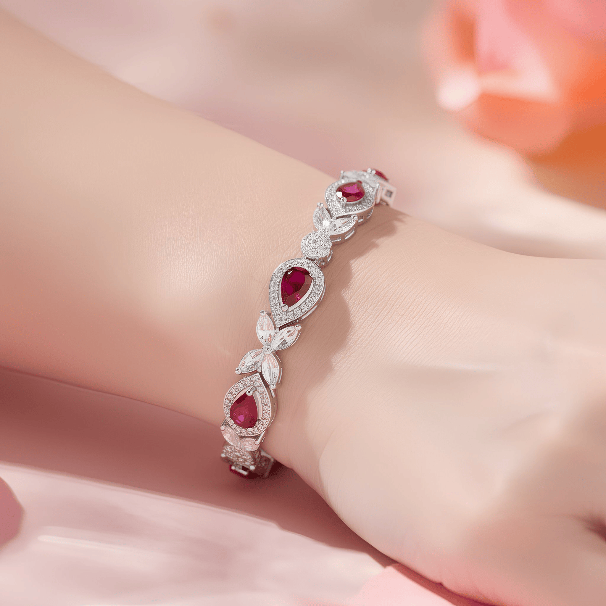 Mataari Bracelet Silver Plated Ruby Pear Cubic Zirconia Floral Emerald Bracelet