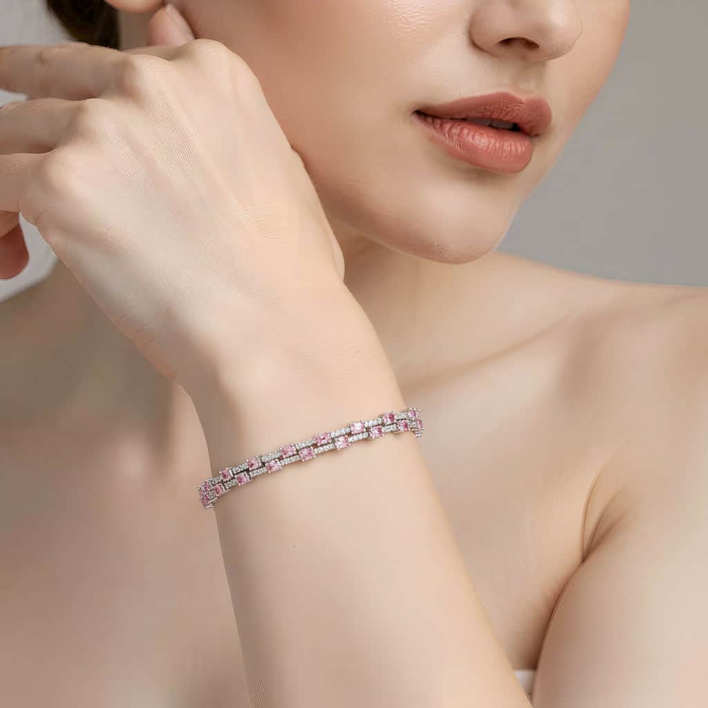 Mataari Bracelet Rose Quartz Double Layer Cubic Zirconia Tennis Bracelet